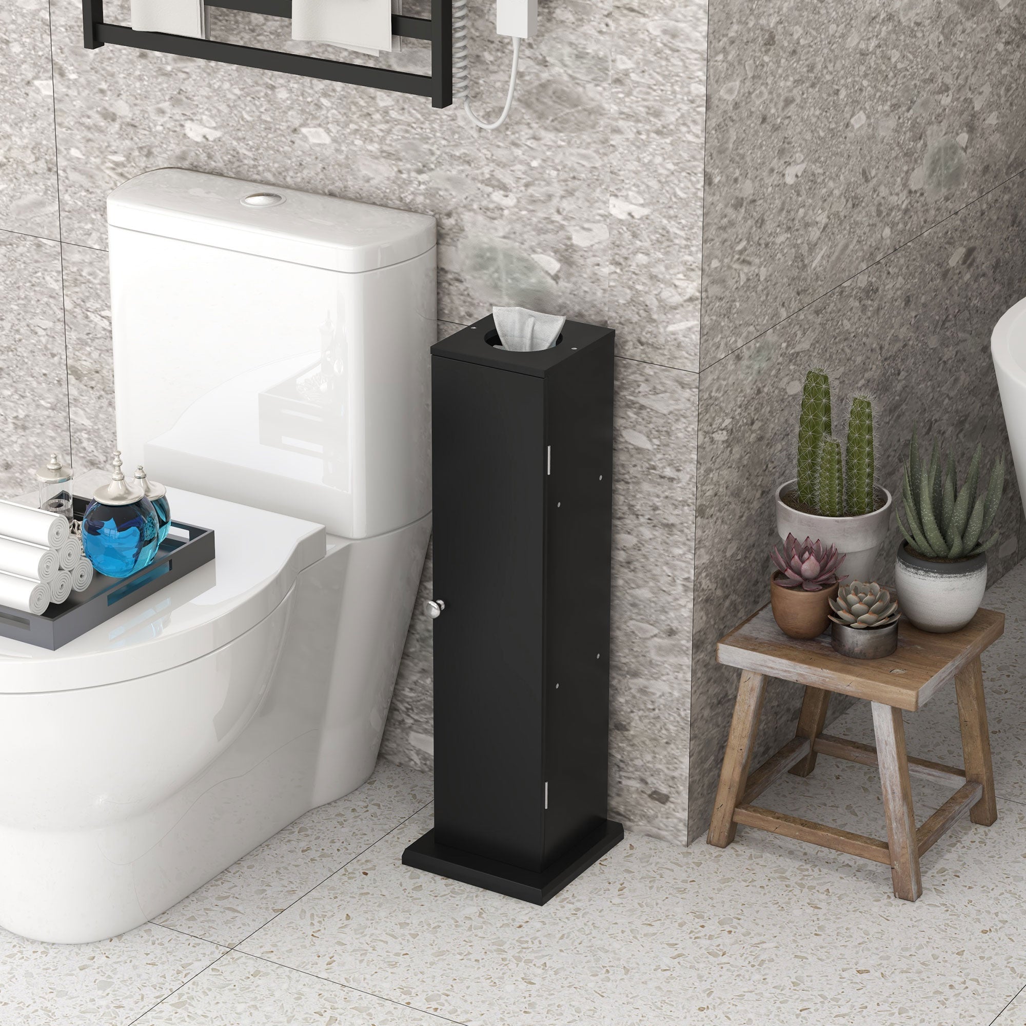 HOMCOM Toilet Paper Cabinet, Small Bathroom Corner Floor Cabinet with Doors and Shelves, Thin Storage Bathroom Organizer for Paper Shampoo, Black
