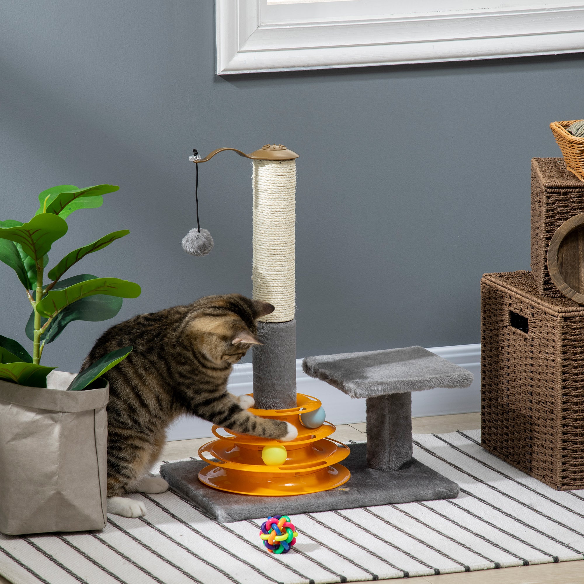 PawHut 22" Cat Tree Tower Activity Center, Scratching Posts for Indoor Cats with Ball Toy, Grey