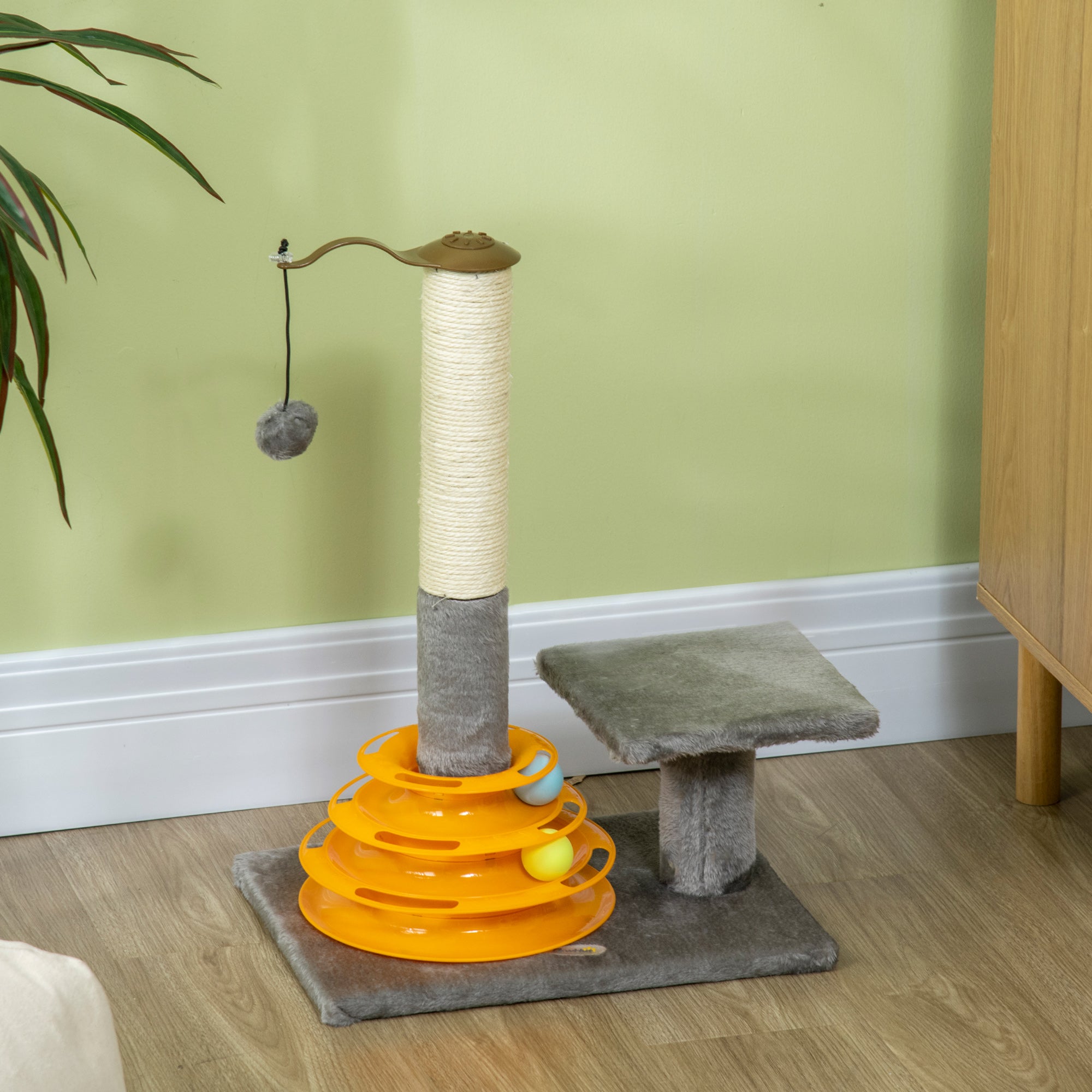 PawHut 56cm Cat Tree for Indoor Cats, Scratching Post w/ Cat Toys Climbing Tower Activity Centre, Dangling Ball - Grey
