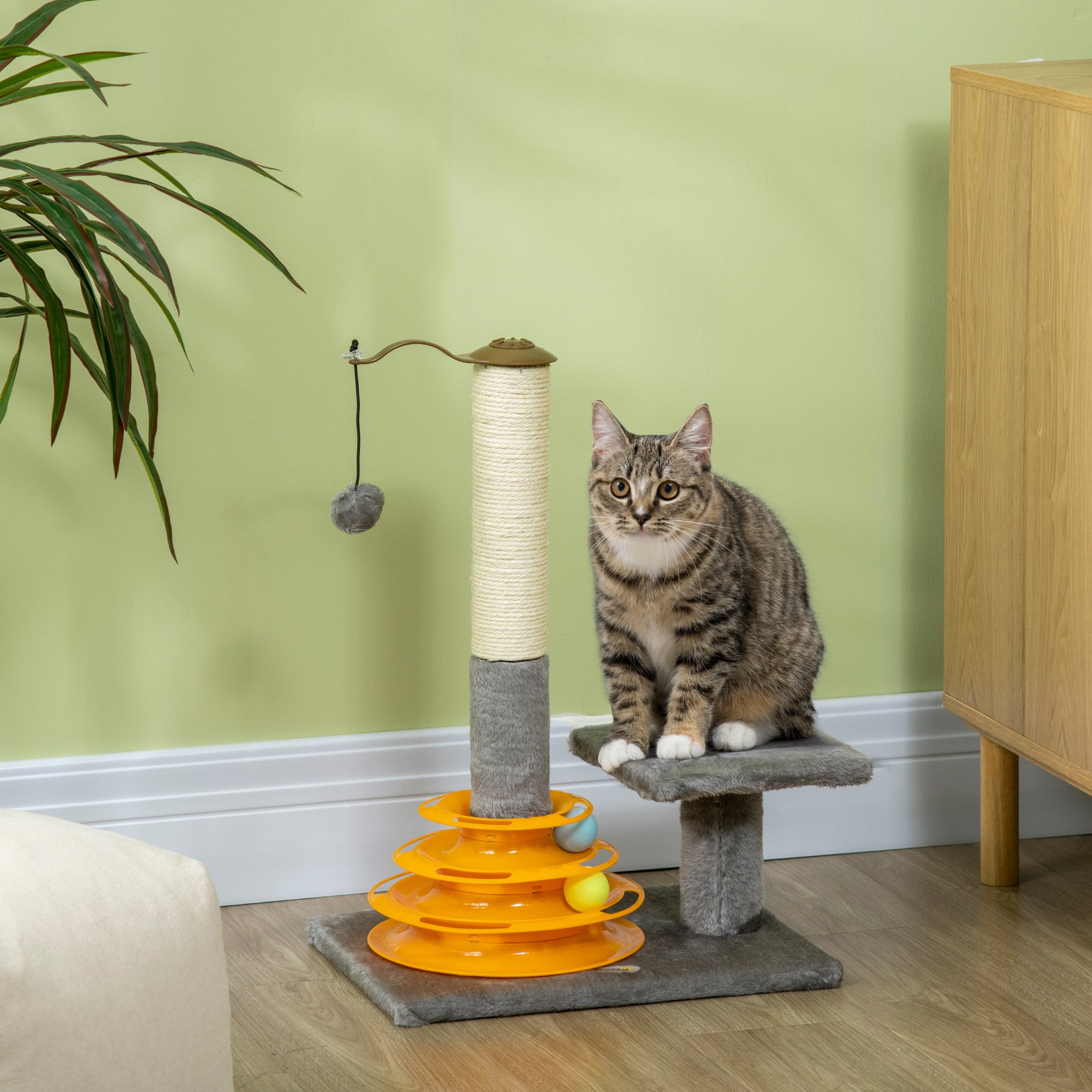 PawHut 56cm Cat Tree for Indoor Cats, Scratching Post w/ Cat Toys Climbing Tower Activity Centre, Dangling Ball - Grey