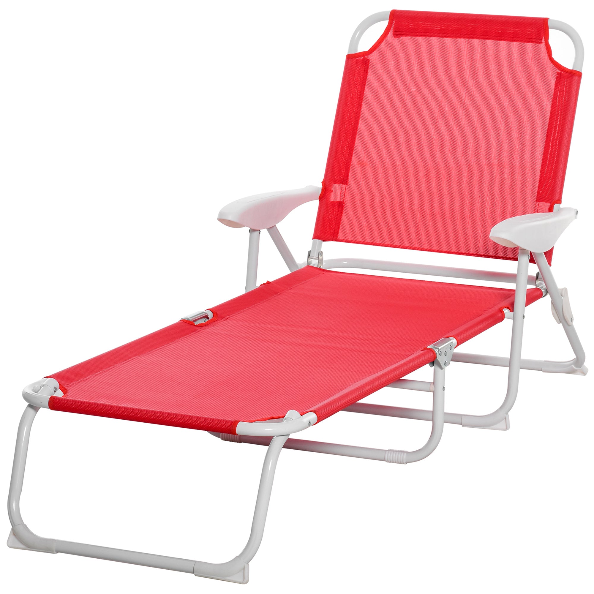 Outsunny Outdoor Lounge Chair, Patio Garden Folding Chaise Lounge, Sun Beach Reclining Tanning Chair with 4-Level Adjustable Backrest, Red
