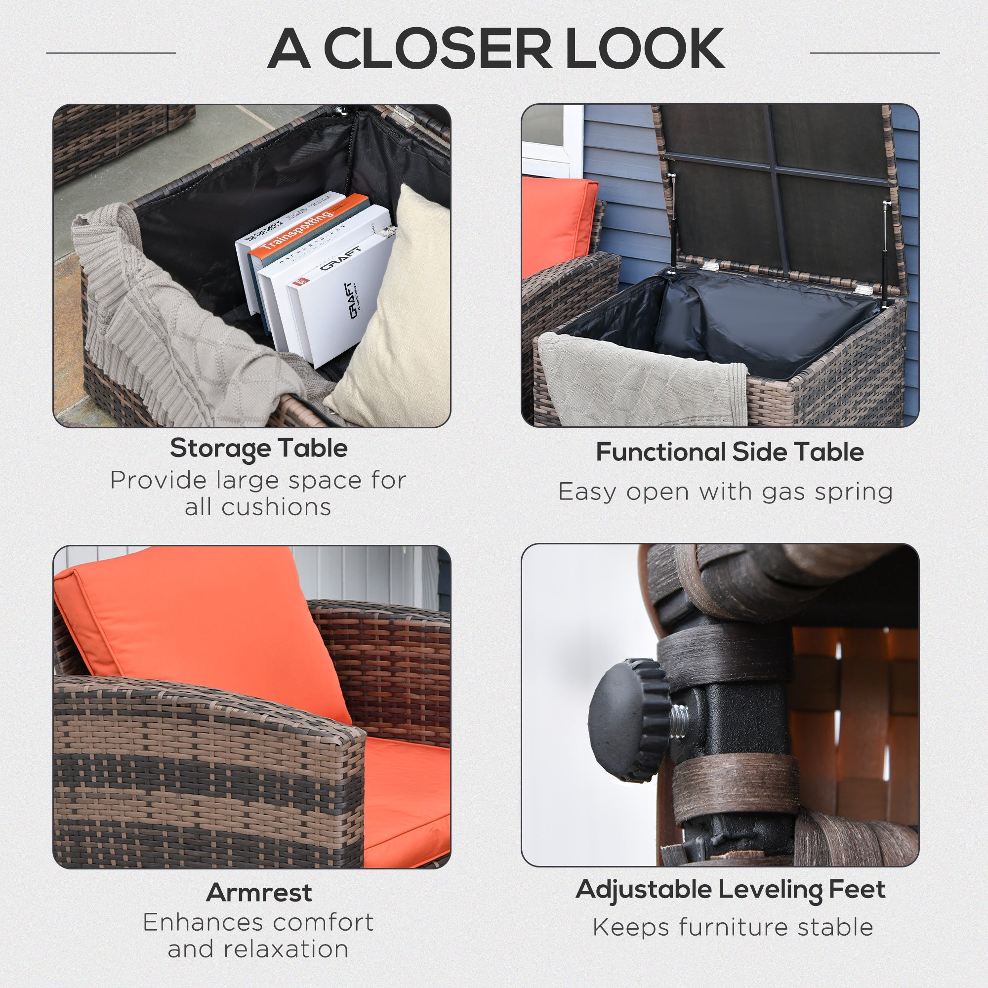 Outsunny 6 Pieces Wicker Patio Furniture Set with Cushions, 7-Seater Rattan Patio Sofa Set with Storage Coffee Table & Side Table, Sectional Outdoor Furniture Set, Orange