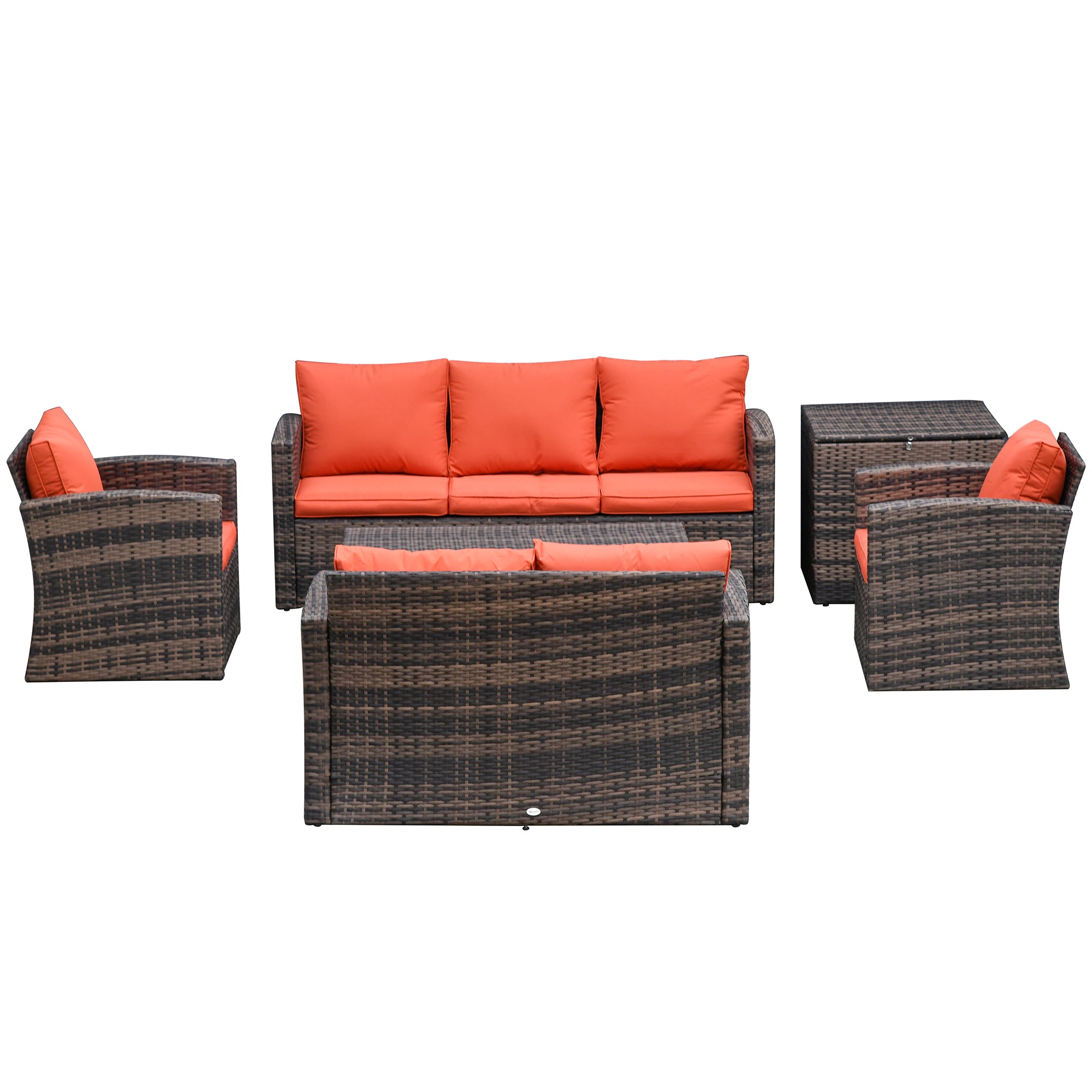 Outsunny 6 Pieces Wicker Patio Furniture Set with Cushions, 7-Seater Rattan Patio Sofa Set with Storage Coffee Table & Side Table, Sectional Outdoor Furniture Set, Orange