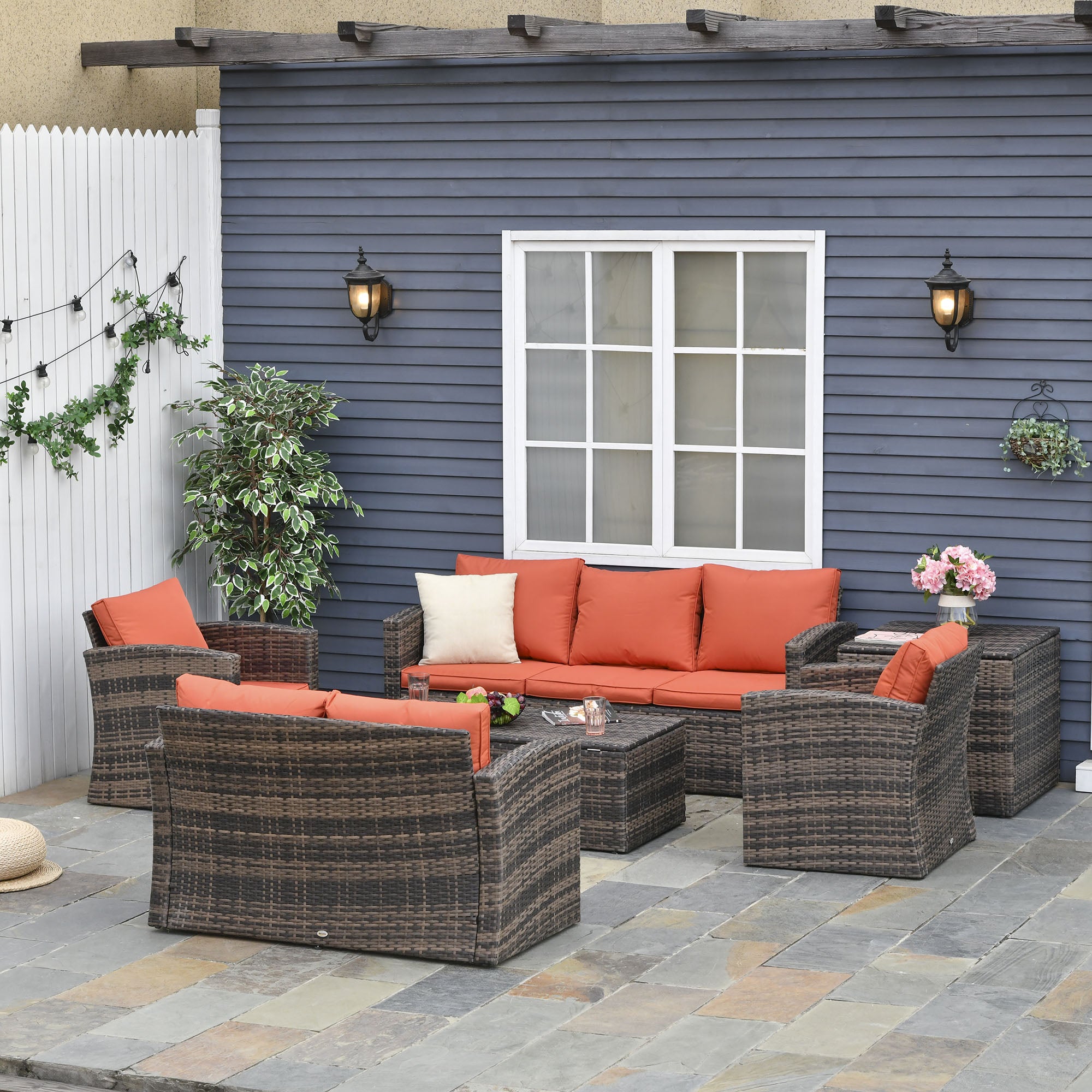 Outsunny 6 Pieces Wicker Patio Furniture Set with Cushions, 7-Seater Rattan Patio Sofa Set with Storage Coffee Table & Side Table, Sectional Outdoor Furniture Set, Orange