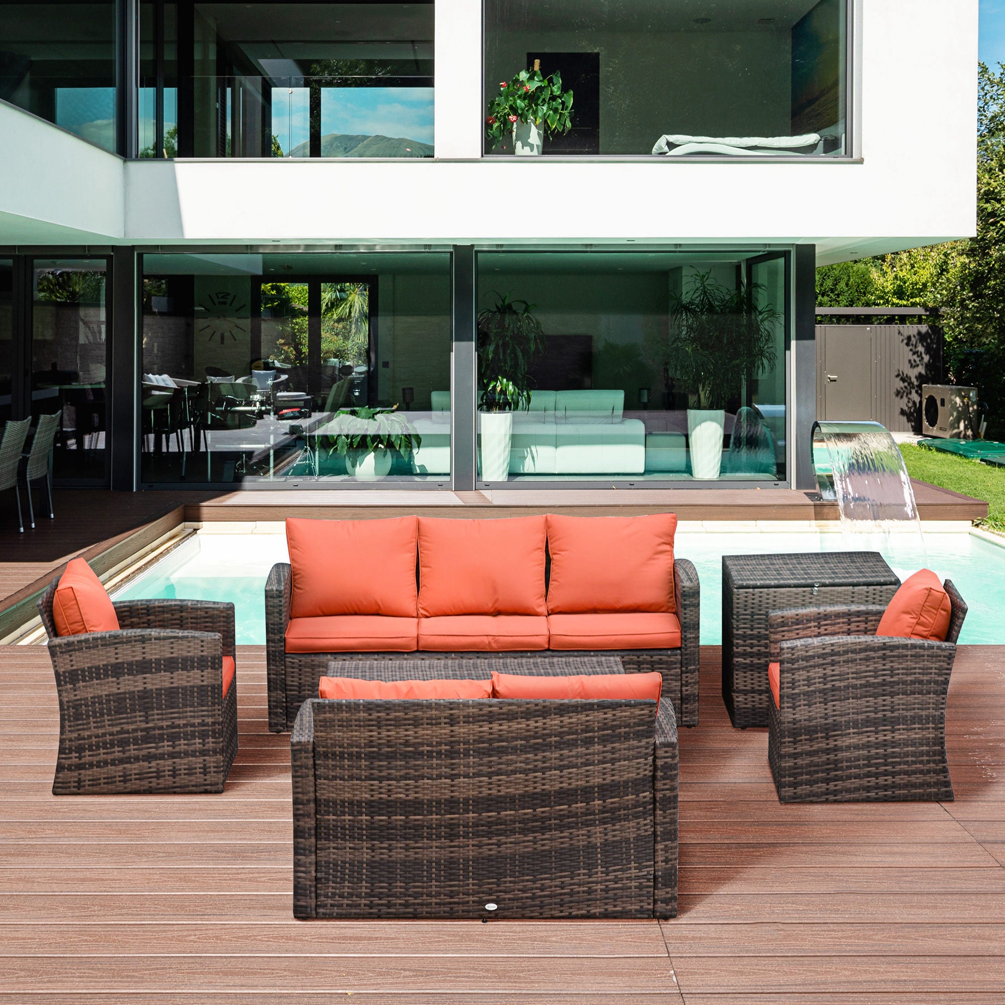 Outsunny 6 Pieces Wicker Patio Furniture Set with Cushions, 7-Seater Rattan Patio Sofa Set with Storage Coffee Table & Side Table, Sectional Outdoor Furniture Set, Orange