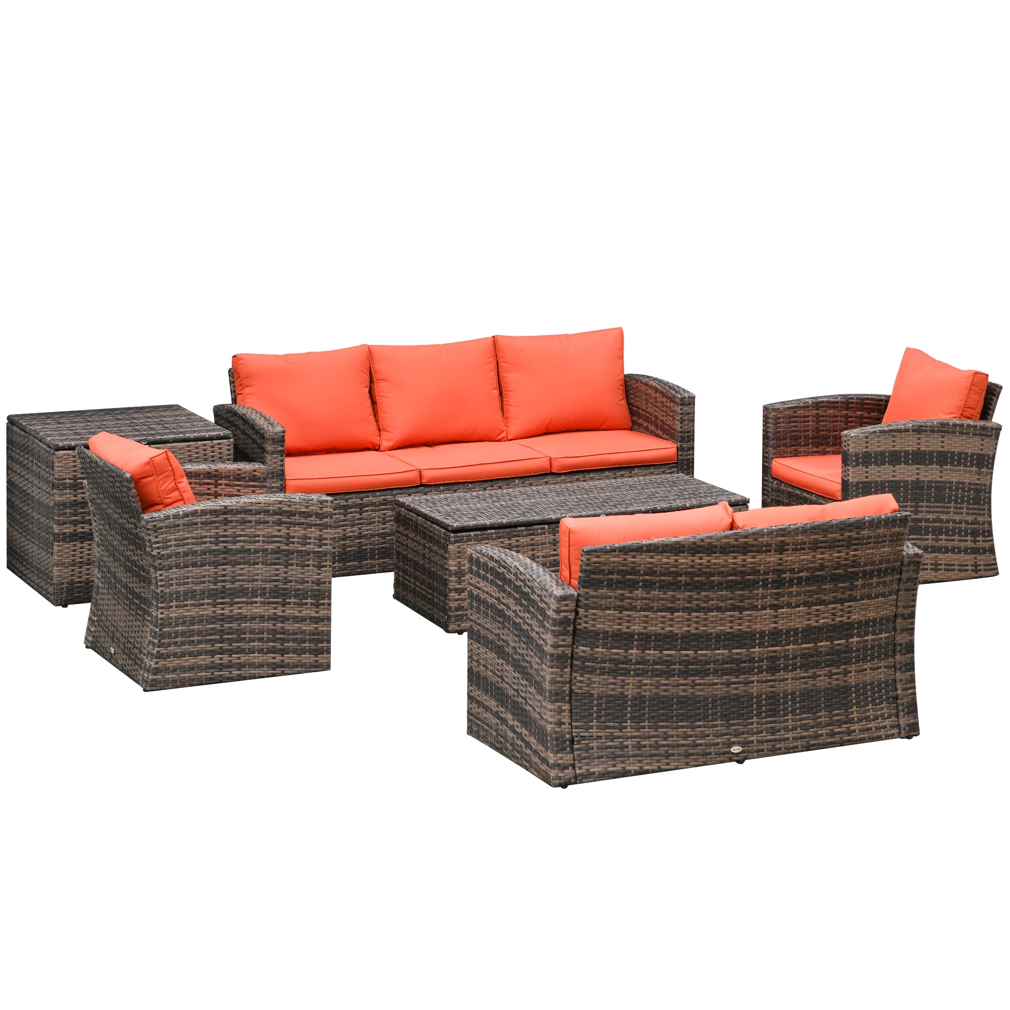 Outsunny 6 Pieces Wicker Patio Furniture Set with Cushions, 7-Seater Rattan Patio Sofa Set with Storage Coffee Table & Side Table, Sectional Outdoor Furniture Set, Orange