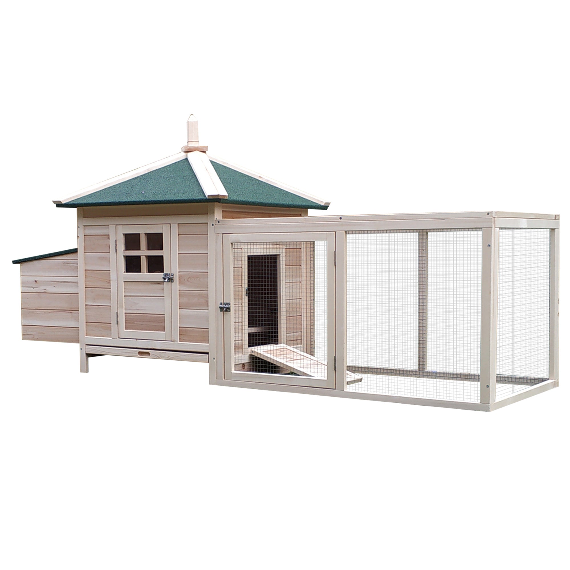 PawHut Chicken Coop with Chicken Run, Outdoor Hen House Poultry Cage with Nesting Box, Openable Top, 196 x 76 x 97cm, Natural