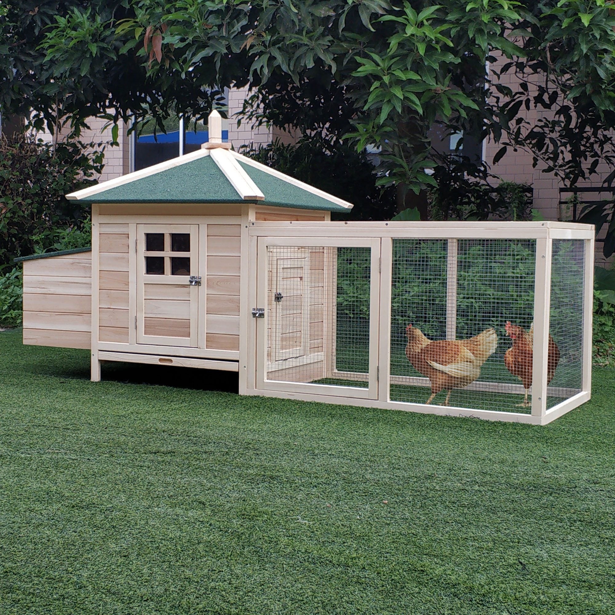 PawHut Chicken Coop with Chicken Run, Outdoor Hen House Poultry Cage with Nesting Box, Openable Top, 196 x 76 x 97cm, Natural