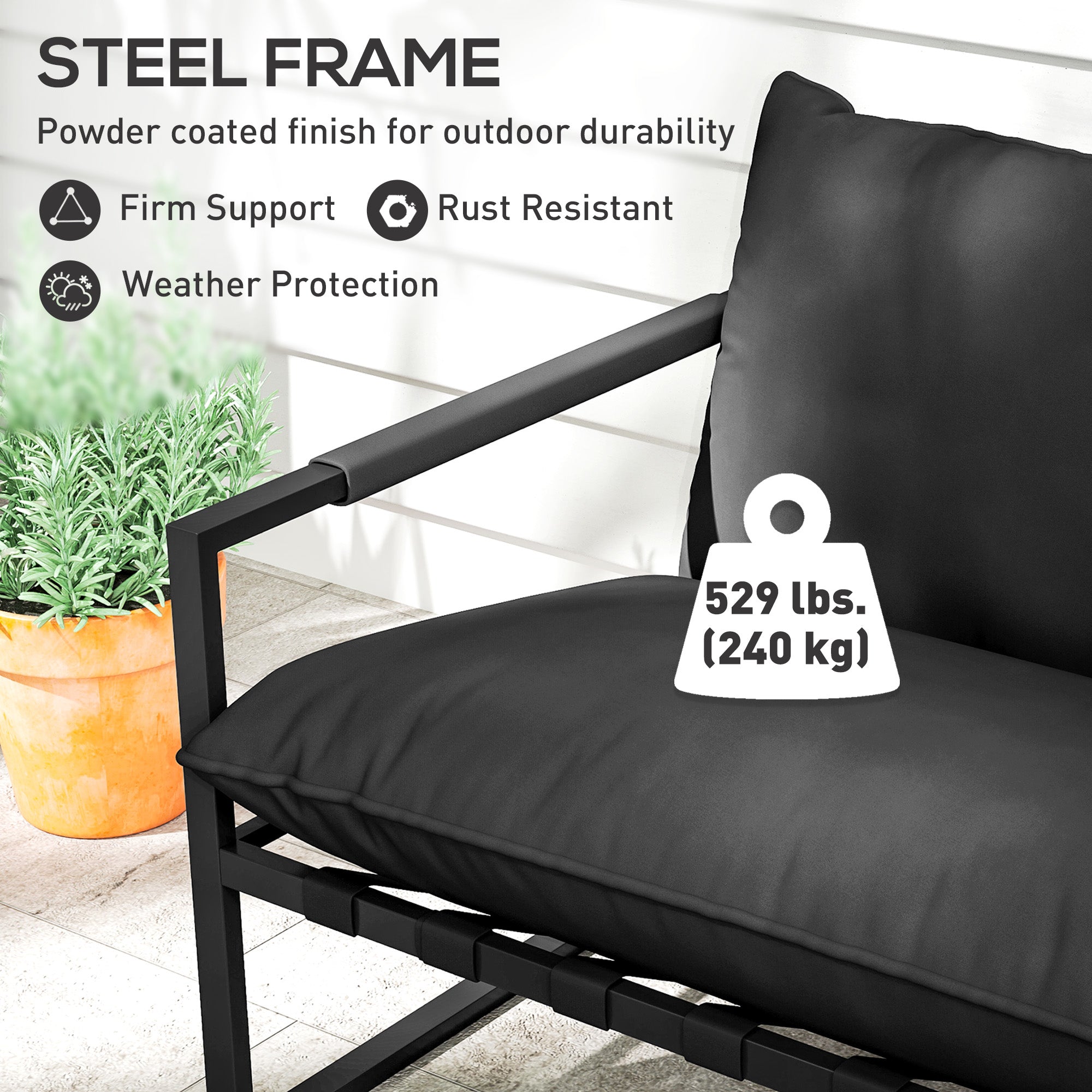 Outsunny 2 Seater Outdoor Sofa, Patio Couch with 4.7" Thickened Cushion, Webbing Outdoor Patio Loveseat with Armrests, Steel Frame for Balcony, Backyard, Black