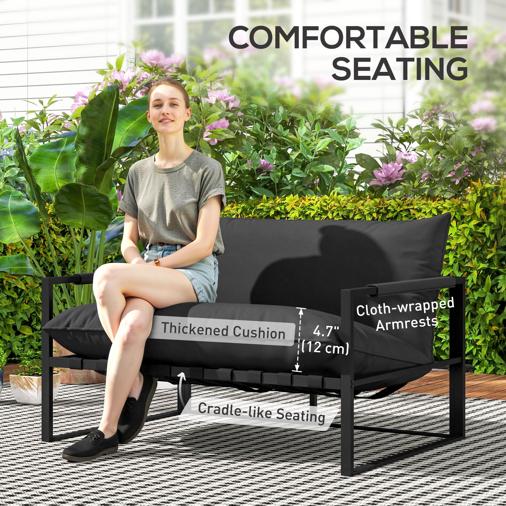 Outsunny 2 Seater Outdoor Sofa, Patio Couch with 4.7" Thickened Cushion, Webbing Outdoor Patio Loveseat with Armrests, Steel Frame for Balcony, Backyard, Black