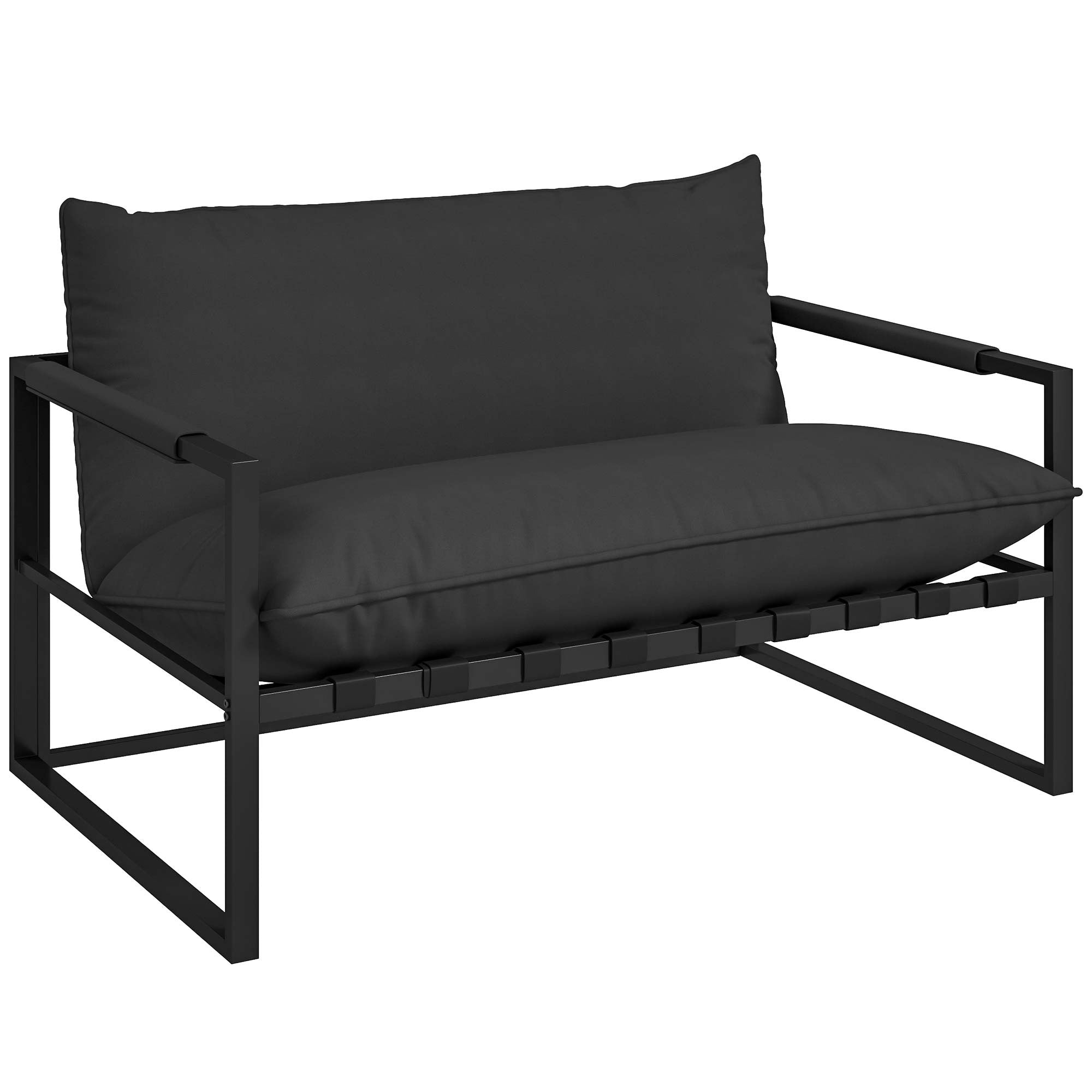 Outsunny 2 Seater Outdoor Sofa, Patio Couch with 4.7" Thickened Cushion, Webbing Outdoor Patio Loveseat with Armrests, Steel Frame for Balcony, Backyard, Black