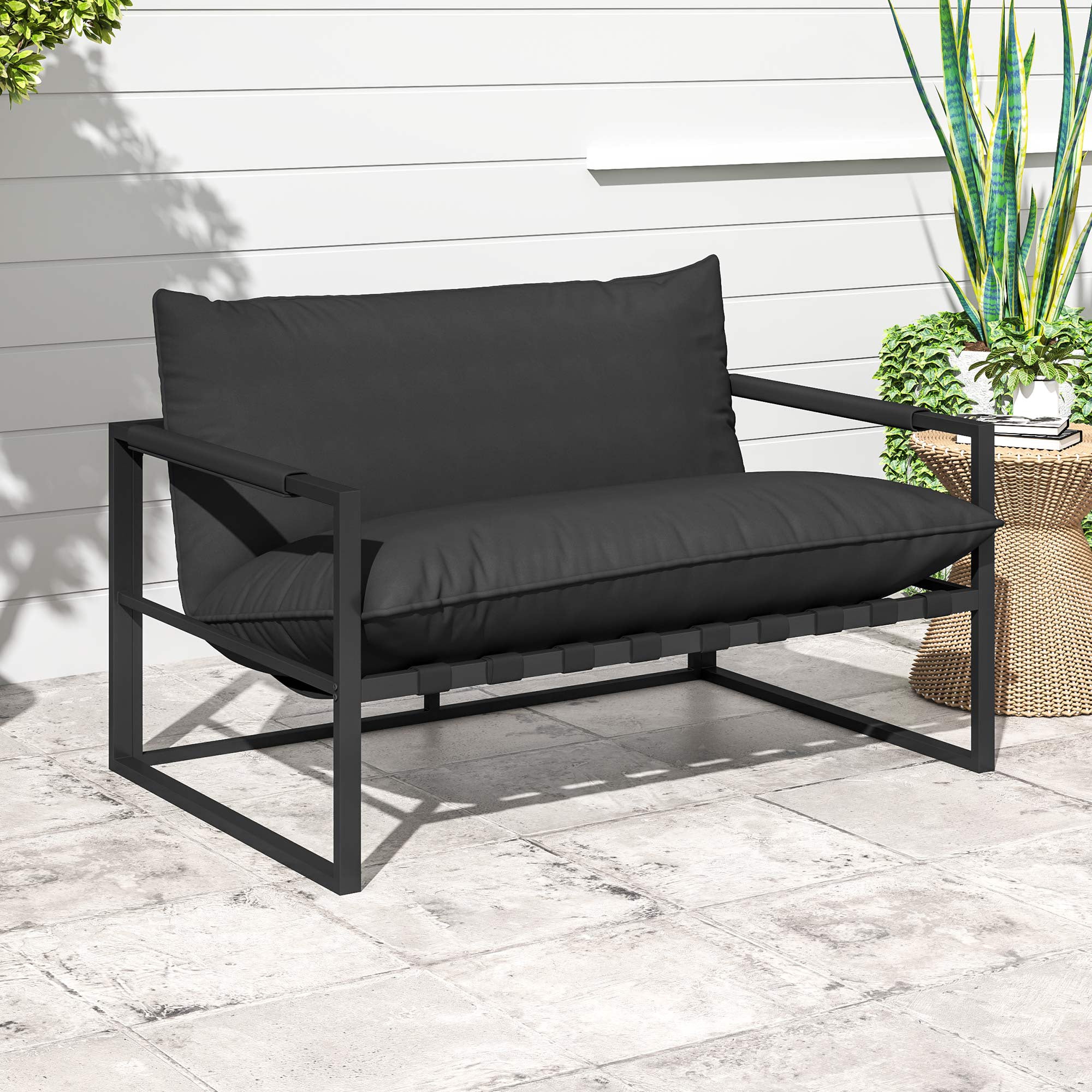 Outsunny 2 Seater Outdoor Sofa, Patio Couch with 4.7" Thickened Cushion, Webbing Outdoor Patio Loveseat with Armrests, Steel Frame for Balcony, Backyard, Black