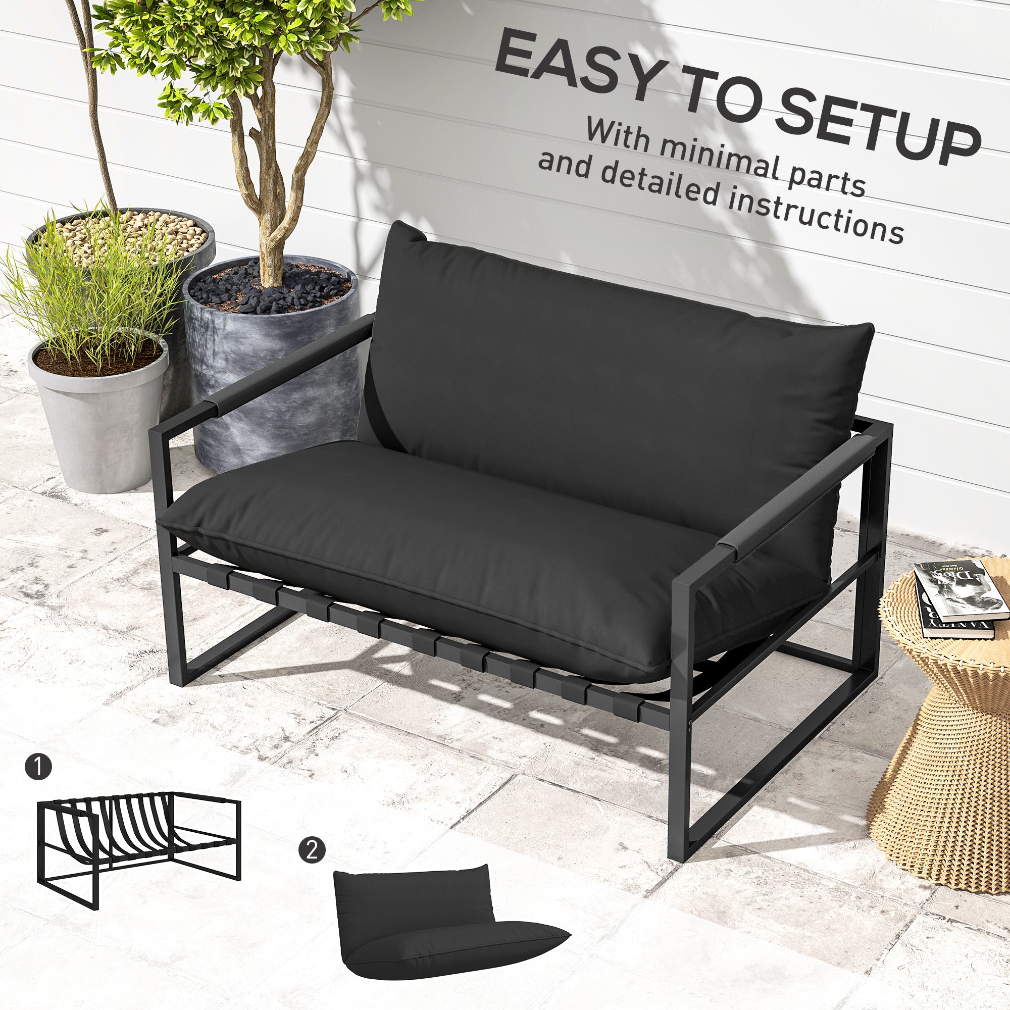 Outsunny 2 Seater Outdoor Sofa, Patio Couch with 4.7" Thickened Cushion, Webbing Outdoor Patio Loveseat with Armrests, Steel Frame for Balcony, Backyard, Black