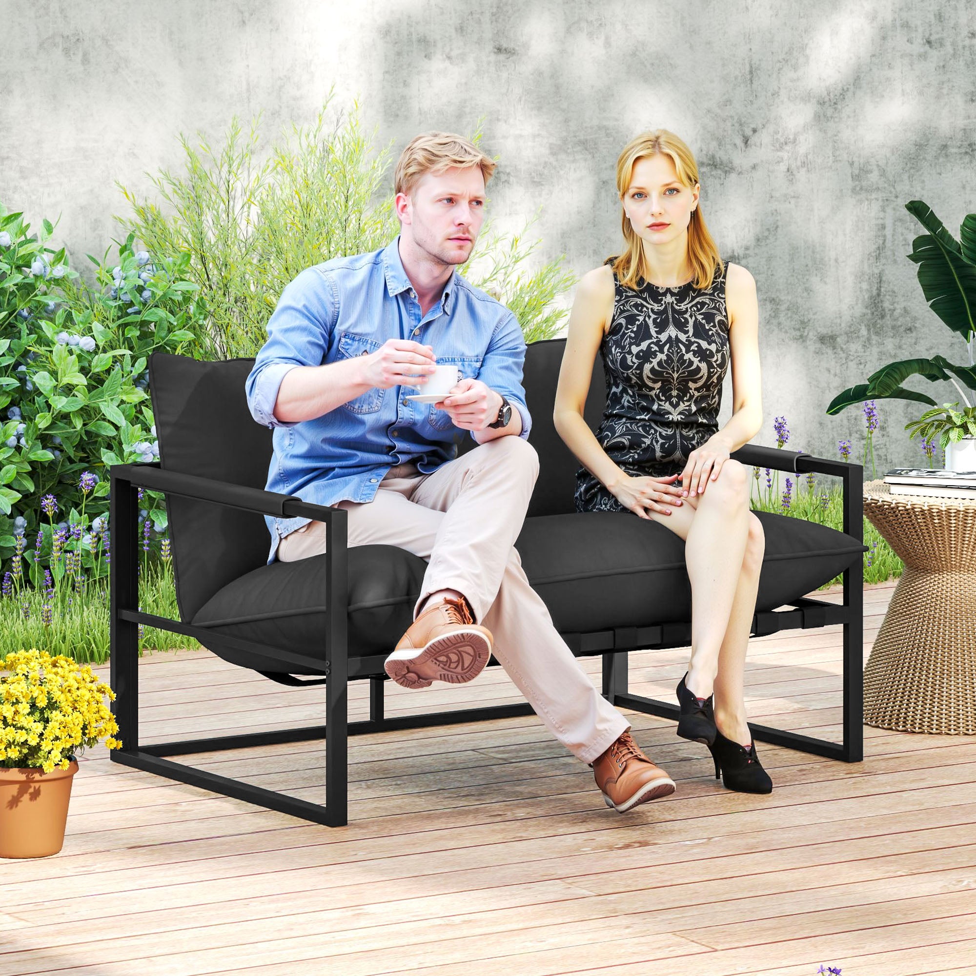 Outsunny 2 Seater Outdoor Sofa, Patio Couch with 4.7" Thickened Cushion, Webbing Outdoor Patio Loveseat with Armrests, Steel Frame for Balcony, Backyard, Black