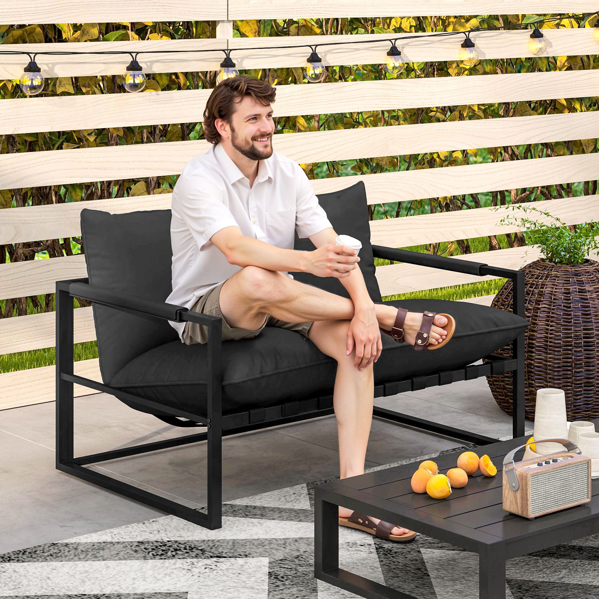 Outsunny 2 Seater Outdoor Sofa, Patio Couch with 4.7" Thickened Cushion, Webbing Outdoor Patio Loveseat with Armrests, Steel Frame for Balcony, Backyard, Black