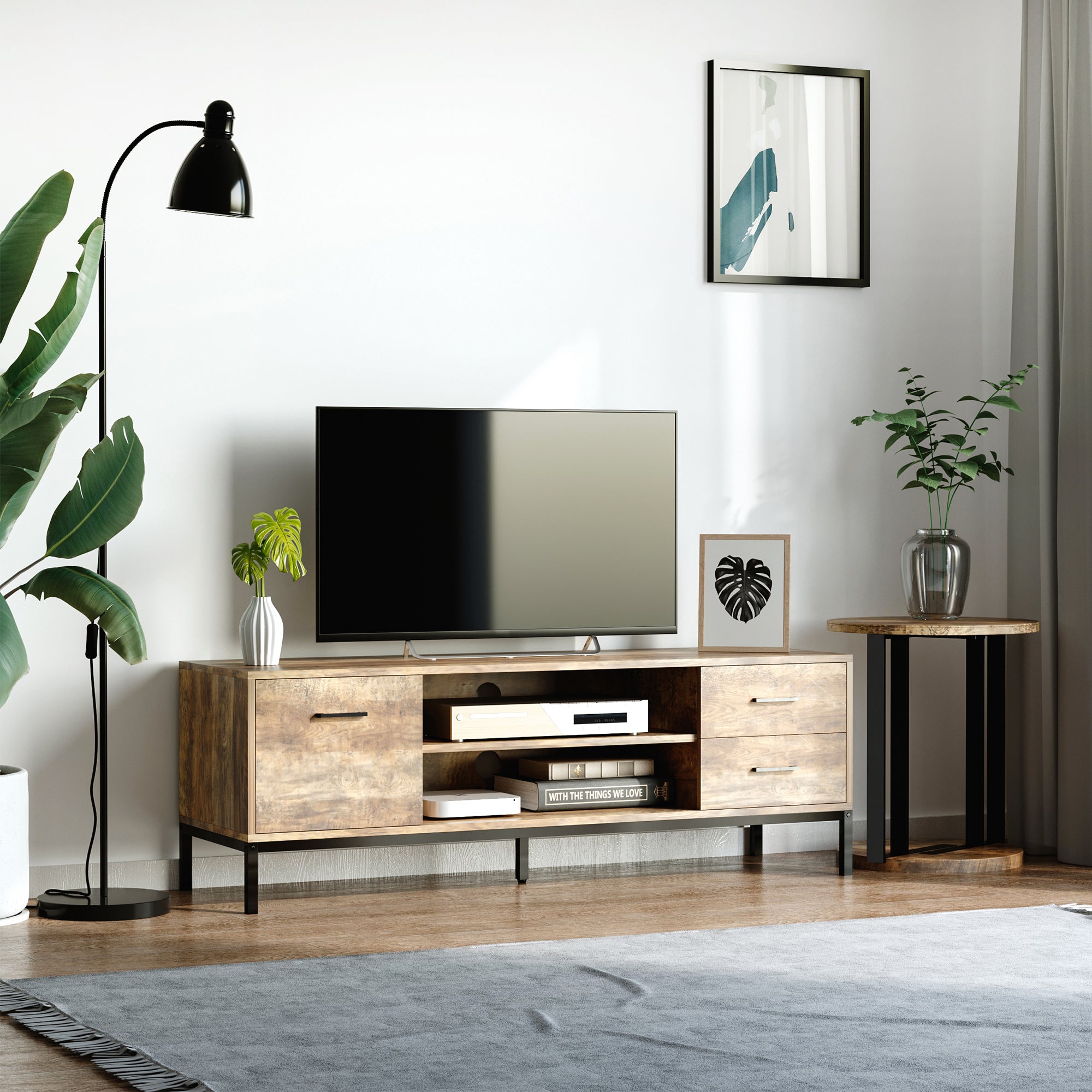 HOMCOM TV Stand for TV up to 50 Inches, TV Cabinet with Door, Open Storage and Drawers, TV Table with Steel Legs, Coffee