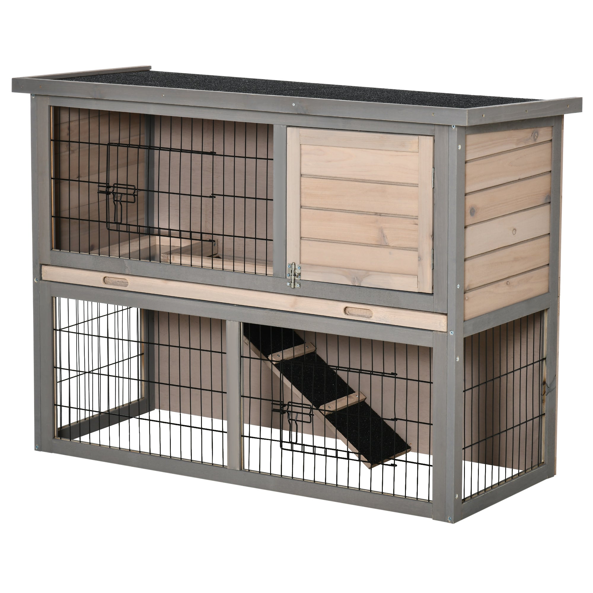 PawHut 2-tier Wooden Rabbit Hutch Backyard Bunny Cage Habitat Small Animal House w/ Ramp, Slide Out Tray and Outdoor Run, Grey
