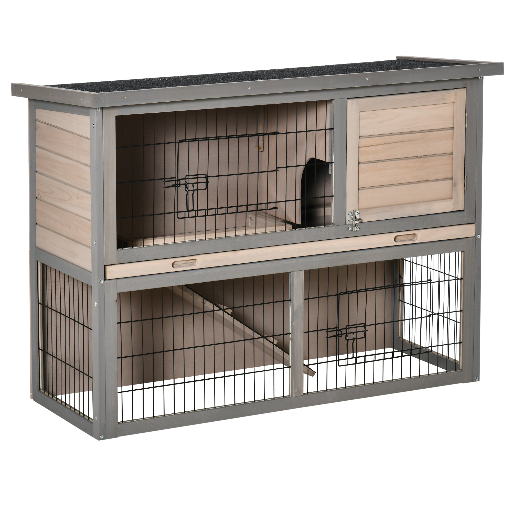 PawHut 2-tier Wooden Rabbit Hutch Backyard Bunny Cage Habitat Small Animal House w/ Ramp, Slide Out Tray and Outdoor Run, Grey