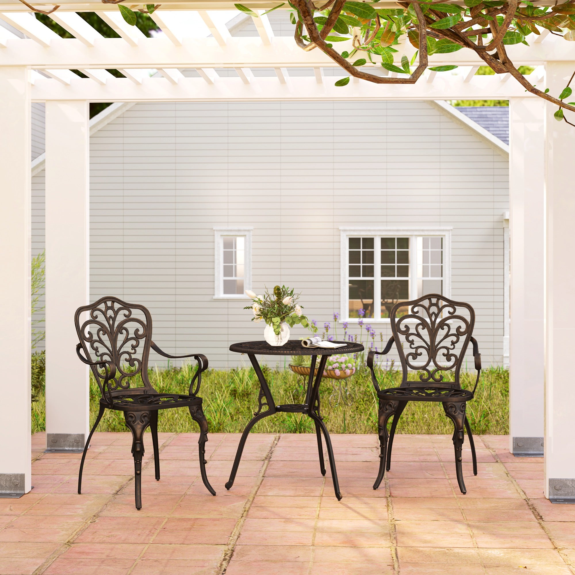 Outsunny 3 Pieces Cast Aluminum Bistro Set, Bistro Table Set Outdoor Patio Furniture Set with Umbrella Hole, Patio Table and Chairs for Garden, Balcony, Porch, Bronze
