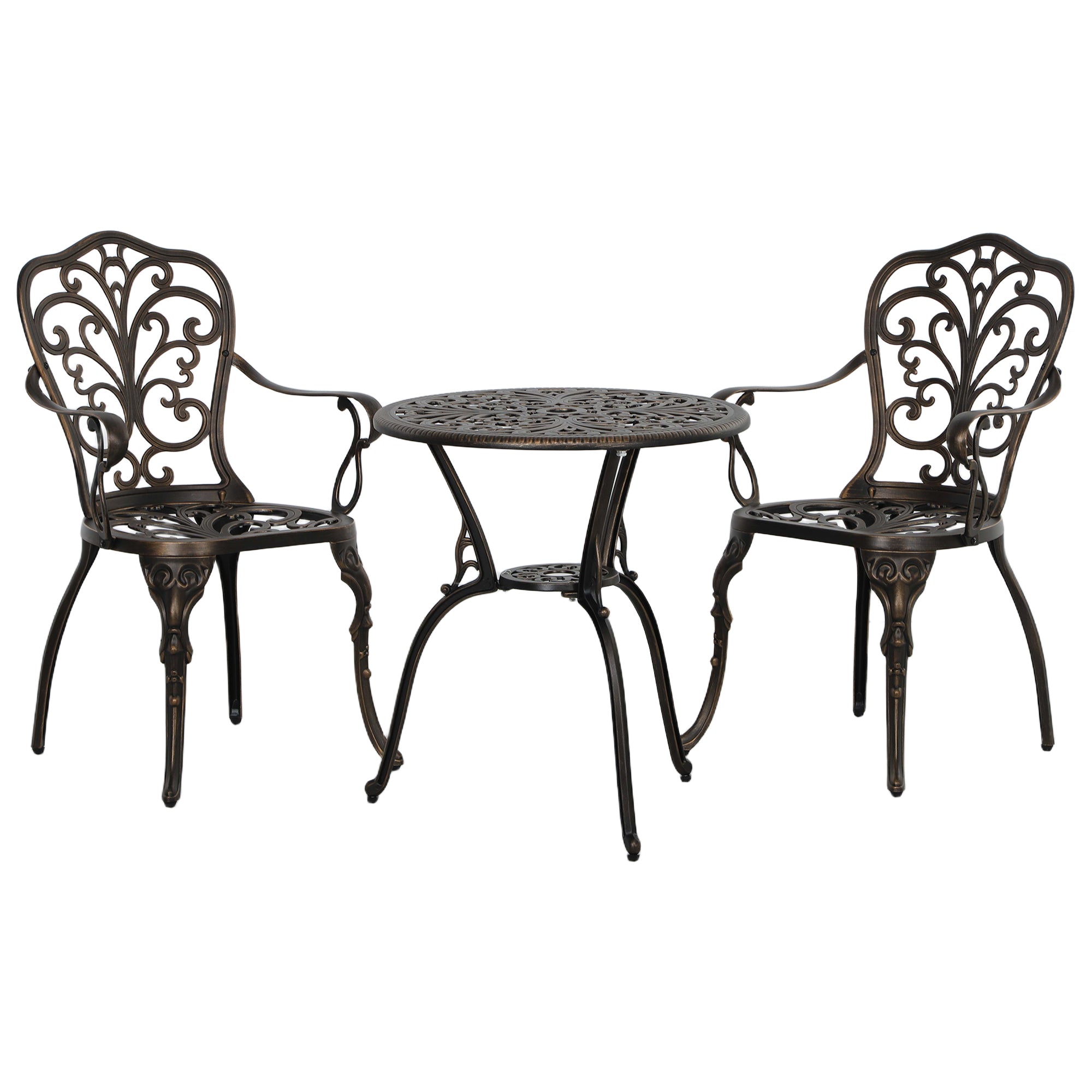Outsunny 3 Pieces Cast Aluminum Bistro Set, Bistro Table Set Outdoor Patio Furniture Set with Umbrella Hole, Patio Table and Chairs for Garden, Balcony, Porch, Bronze