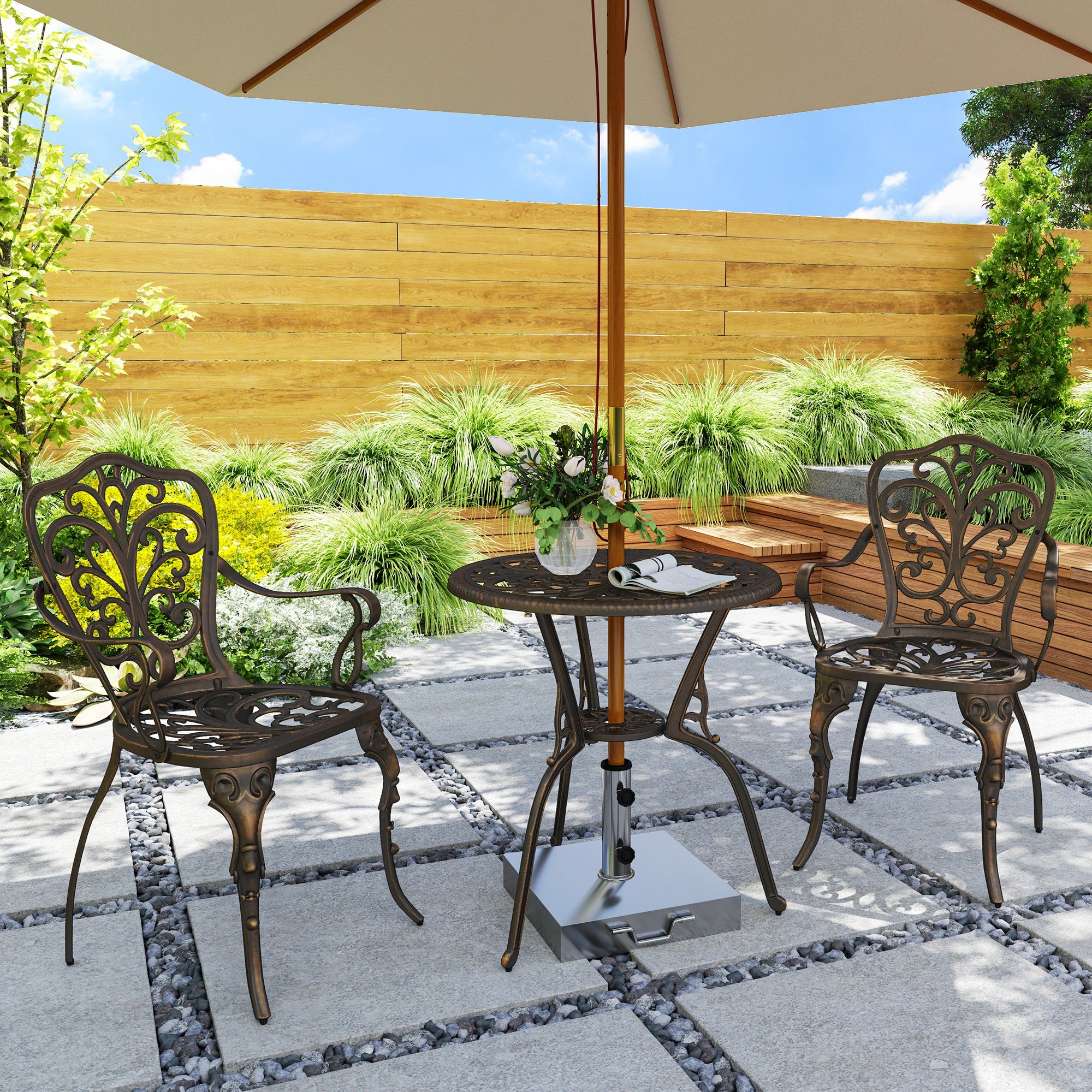 Outsunny 3 Pieces Cast Aluminum Bistro Set, Bistro Table Set Outdoor Patio Furniture Set with Umbrella Hole, Patio Table and Chairs for Garden, Balcony, Porch, Bronze