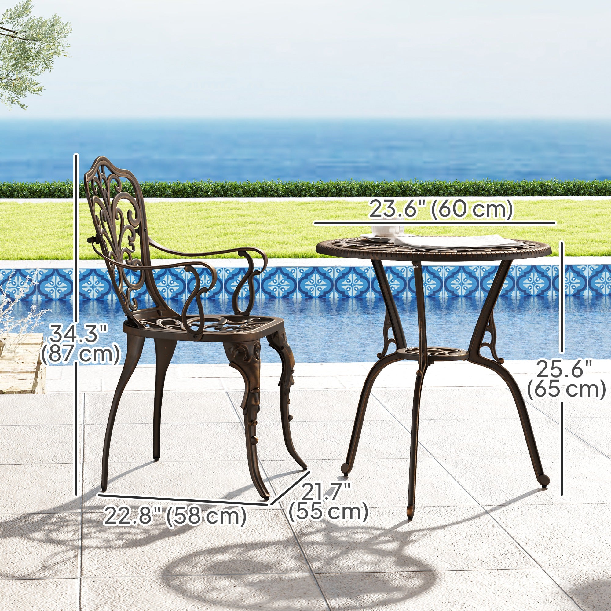Outsunny 3 Pieces Cast Aluminum Bistro Set, Bistro Table Set Outdoor Patio Furniture Set with Umbrella Hole, Patio Table and Chairs for Garden, Balcony, Porch, Bronze