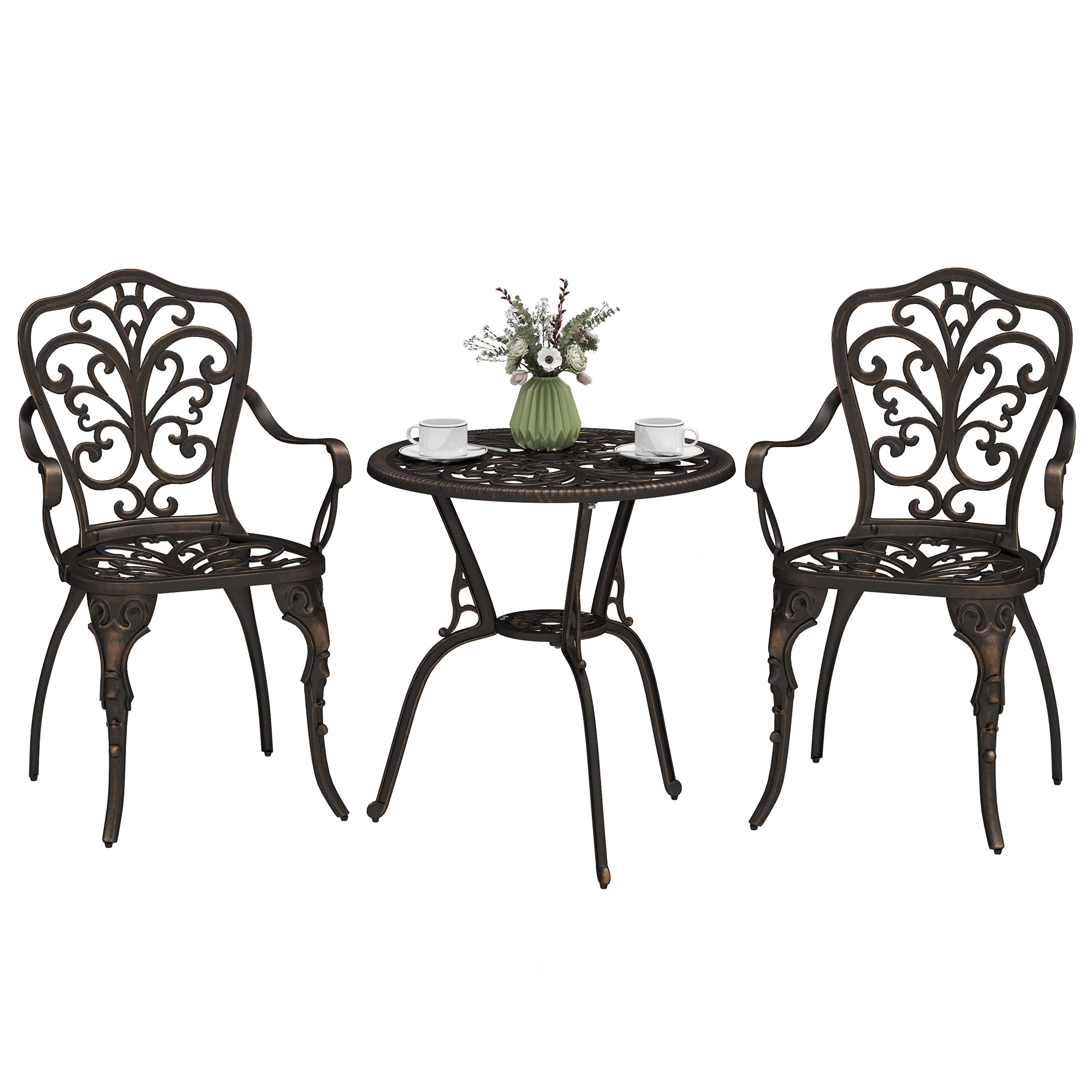 Outsunny 3 Pieces Cast Aluminum Bistro Set, Bistro Table Set Outdoor Patio Furniture Set with Umbrella Hole, Patio Table and Chairs for Garden, Balcony, Porch, Bronze