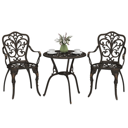 Outsunny 3 Pieces Cast Aluminum Bistro Set, Bistro Table Set Outdoor Patio Furniture Set with Umbrella Hole, Patio Table and Chairs for Garden, Balcony, Porch, Bronze