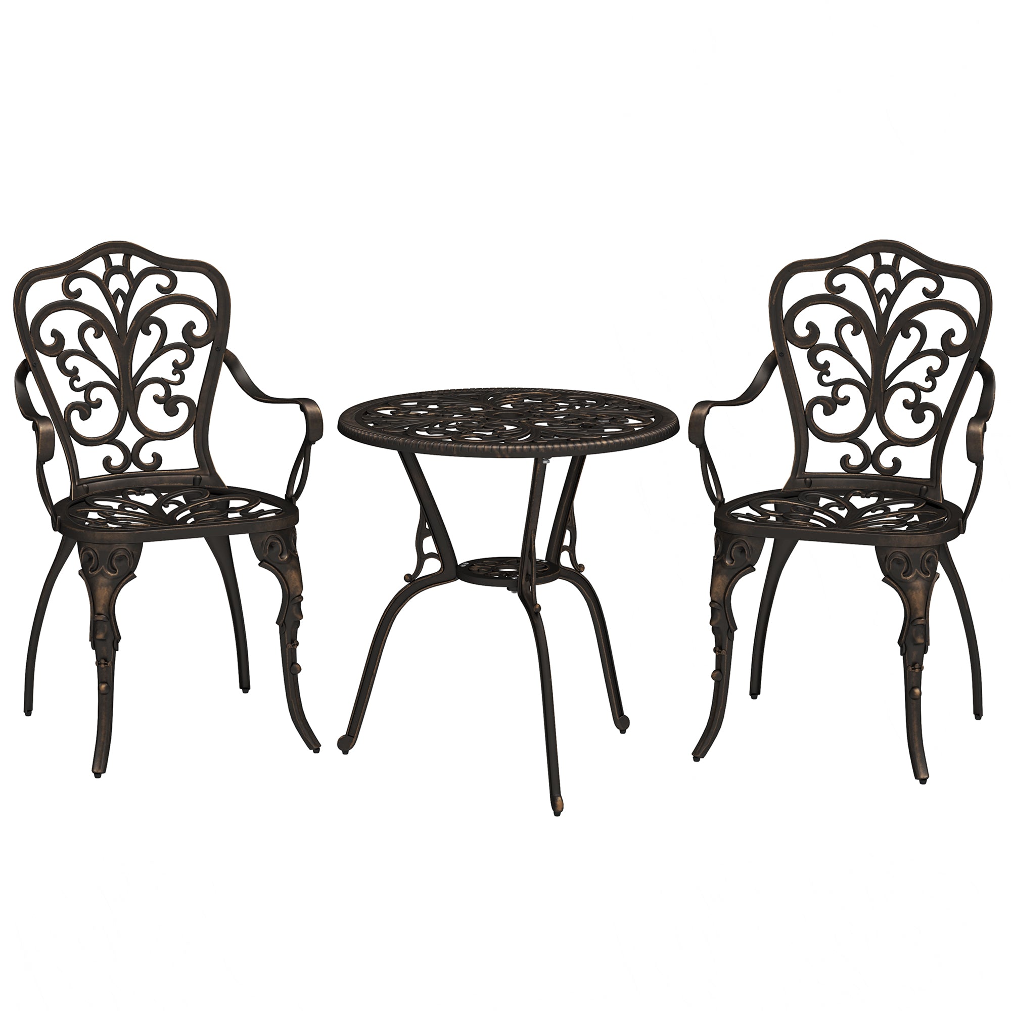 Outsunny 3 Pieces Cast Aluminum Bistro Set, Bistro Table Set Outdoor Patio Furniture Set with Umbrella Hole, Patio Table and Chairs for Garden, Balcony, Porch, Bronze