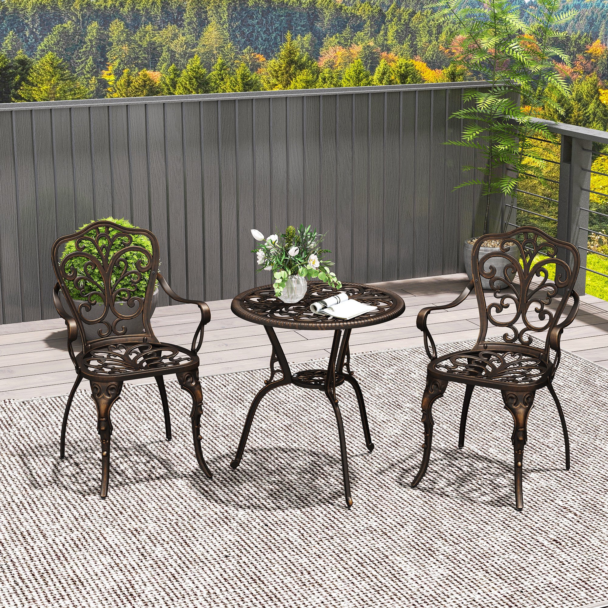 Outsunny 3 Pieces Cast Aluminum Bistro Set, Bistro Table Set Outdoor Patio Furniture Set with Umbrella Hole, Patio Table and Chairs for Garden, Balcony, Porch, Bronze