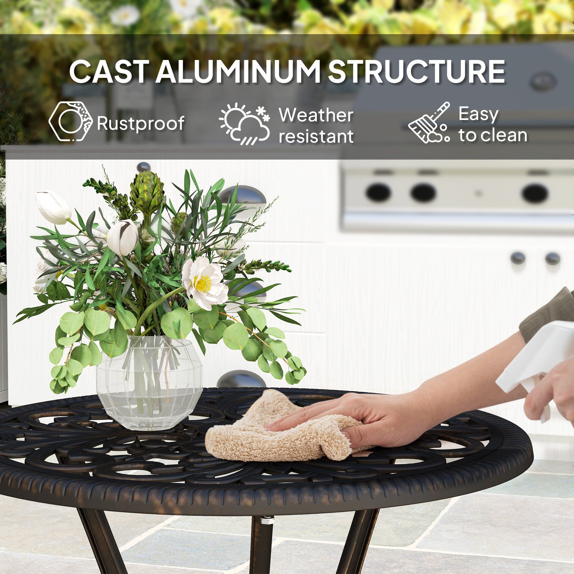 Outsunny 3 Pieces Cast Aluminum Bistro Set, Bistro Table Set Outdoor Patio Furniture Set with Umbrella Hole, Patio Table and Chairs for Garden, Balcony, Porch, Bronze