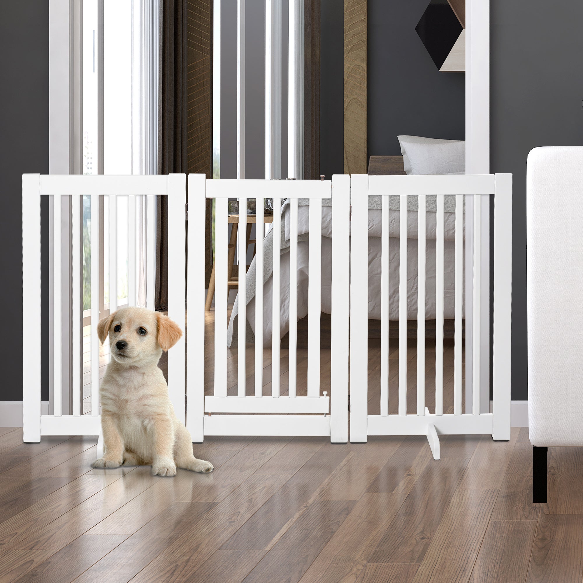 PawHut Free Standing Wooden Pet Gate Indoor Dog Barrier Foldable Step Over Doorway Fence Safety Gate with Open Door Z Shape 3 Panel