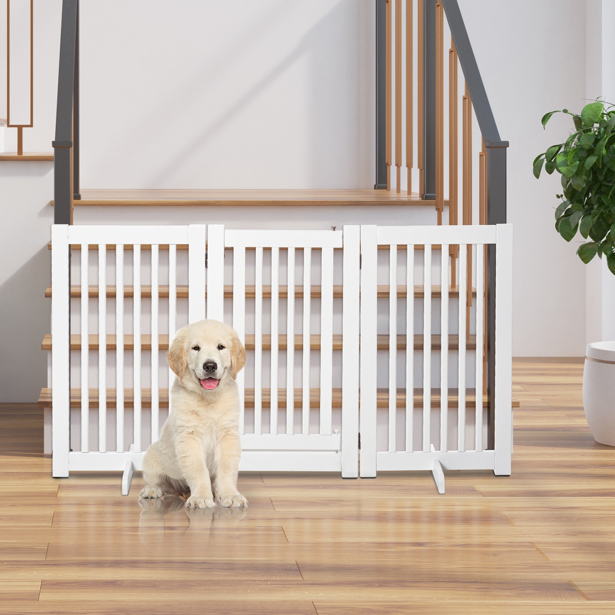 PawHut Free Standing Wooden Pet Gate Indoor Dog Barrier Foldable Step Over Doorway Fence Safety Gate with Open Door Z Shape 3 Panel