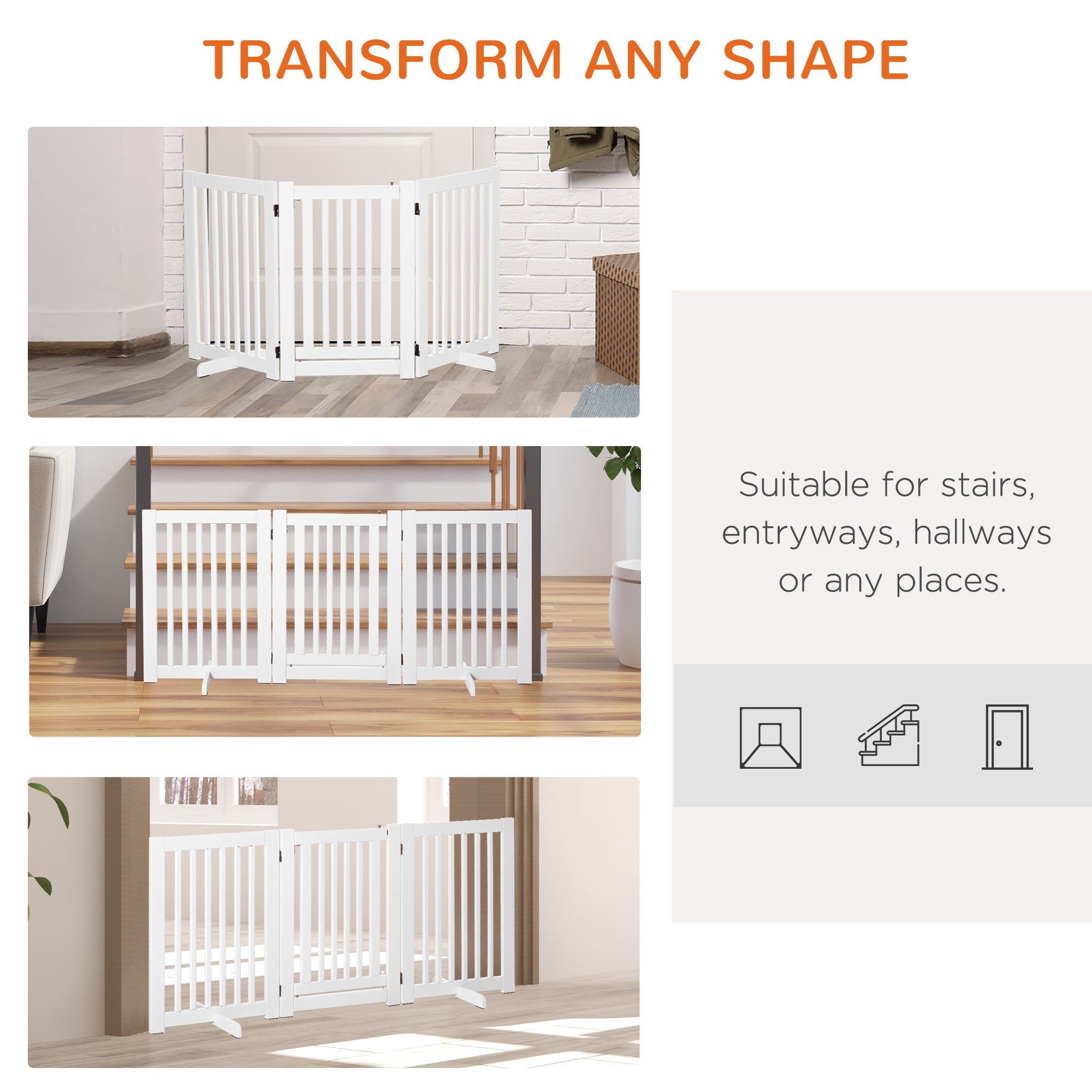 PawHut Freestanding Dog Gate, Foldable Pet Fence, Indoor Barrier, Stair Gate with Support Feet, 155 x 76 cm, White