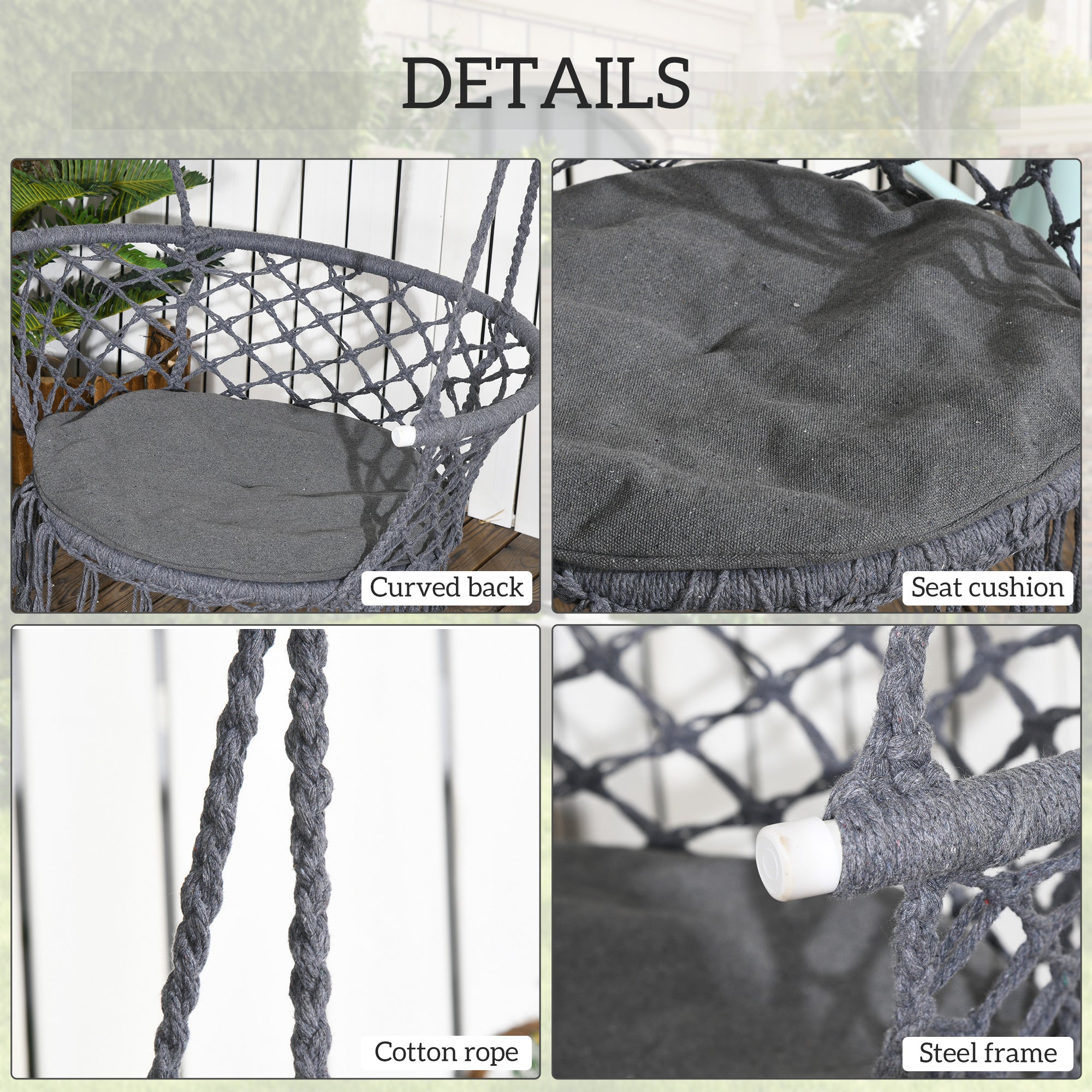 Outsunny Hanging Hammock Chair, Cotton Rope Porch Hammock Swing with Metal Frame and Cushion, Large Macrame Seat for Patio, Garden, Bedroom, Living Room,  Dark Grey