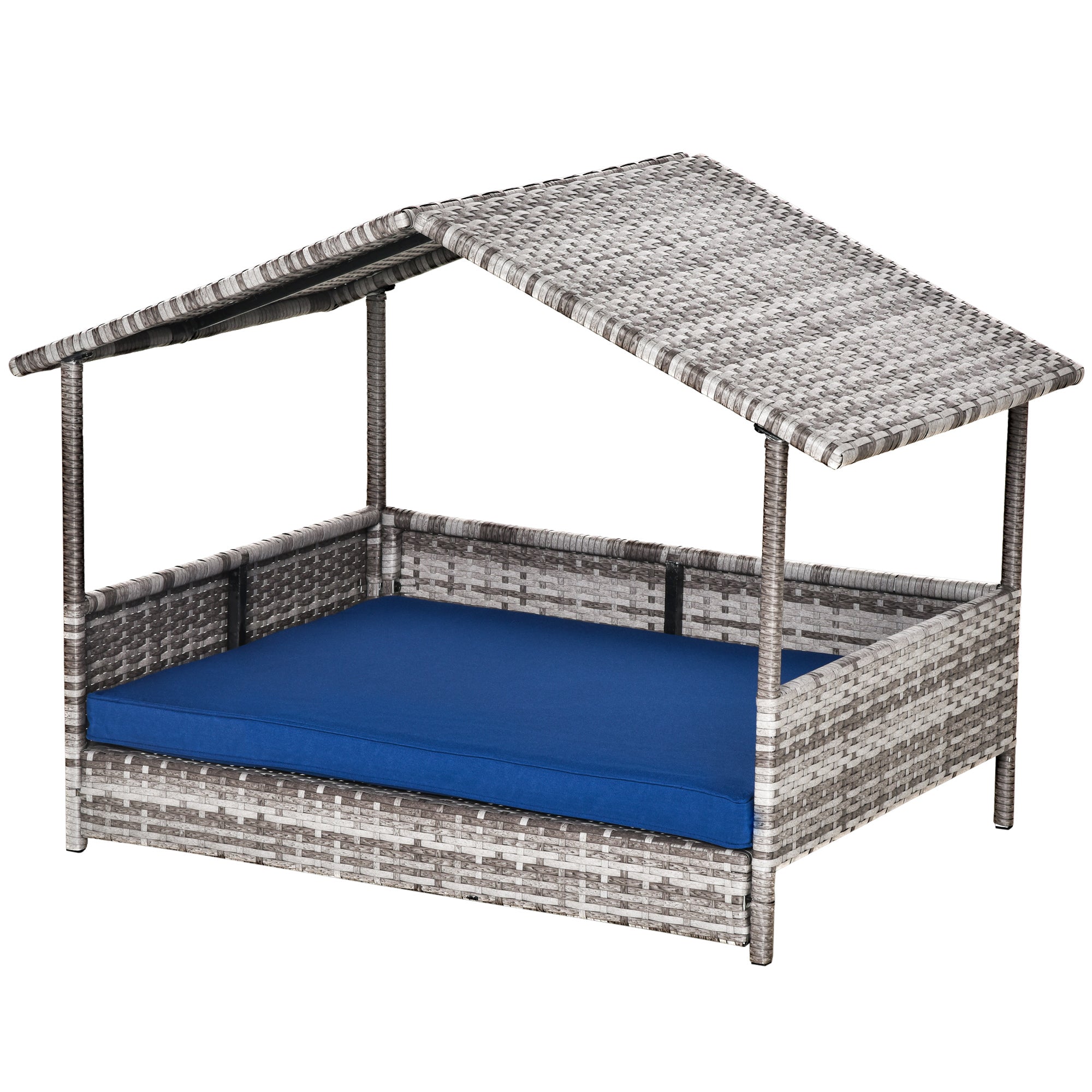 PawHut Elevated Rattan Dog House Outdoor with Canopy, Wicker Dog Bed with Water-Resistant Cushion, for Small and Medium Dogs Dark Blue