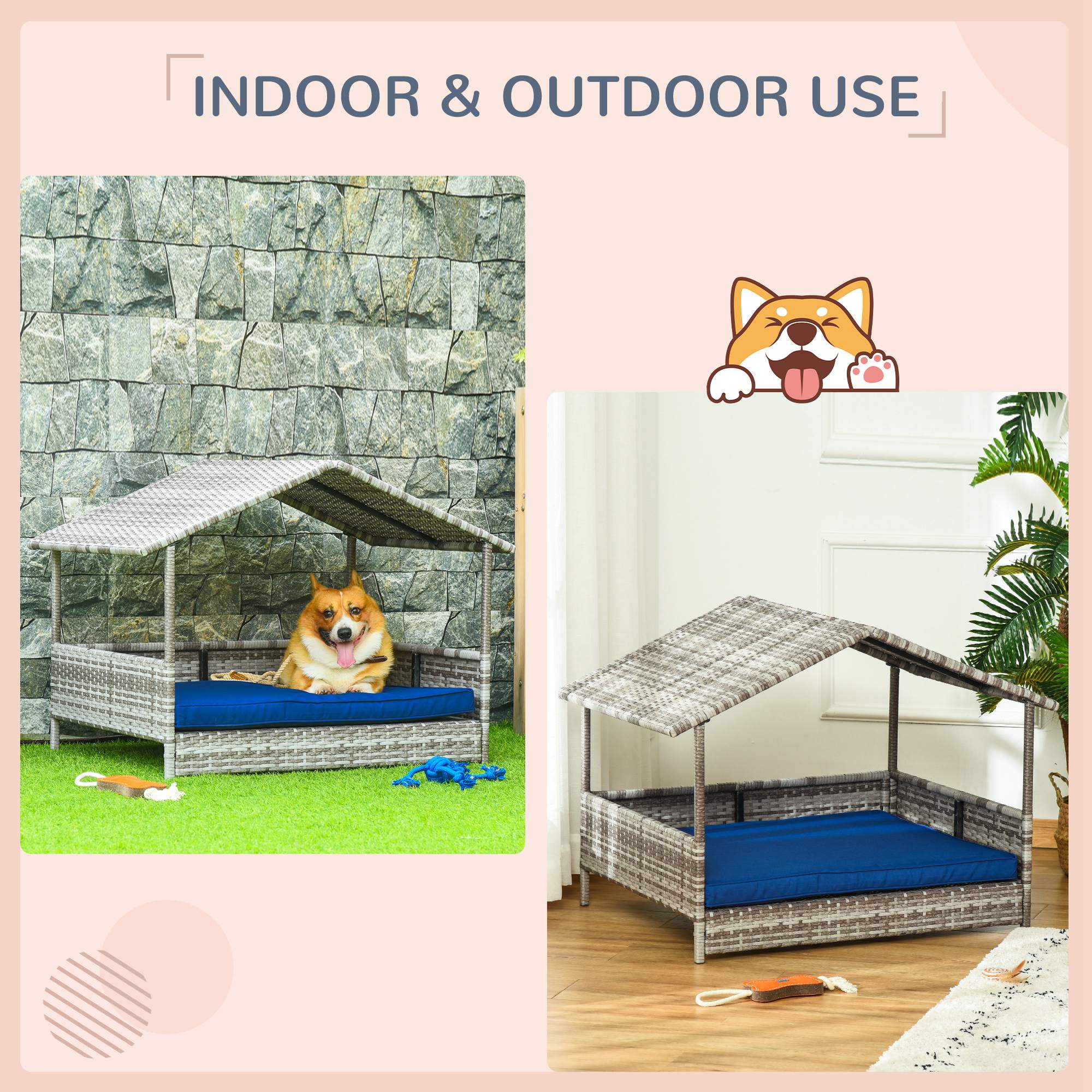 PawHut Elevated Rattan Dog House Outdoor with Canopy, Wicker Dog Bed with Water-Resistant Cushion, for Small and Medium Dogs Dark Blue