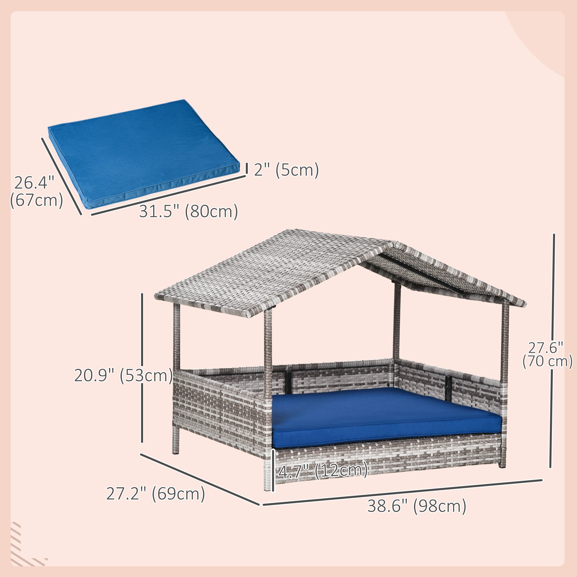 PawHut Elevated Rattan Dog House Outdoor with Canopy, Wicker Dog Bed with Water-Resistant Cushion, for Small and Medium Dogs Dark Blue