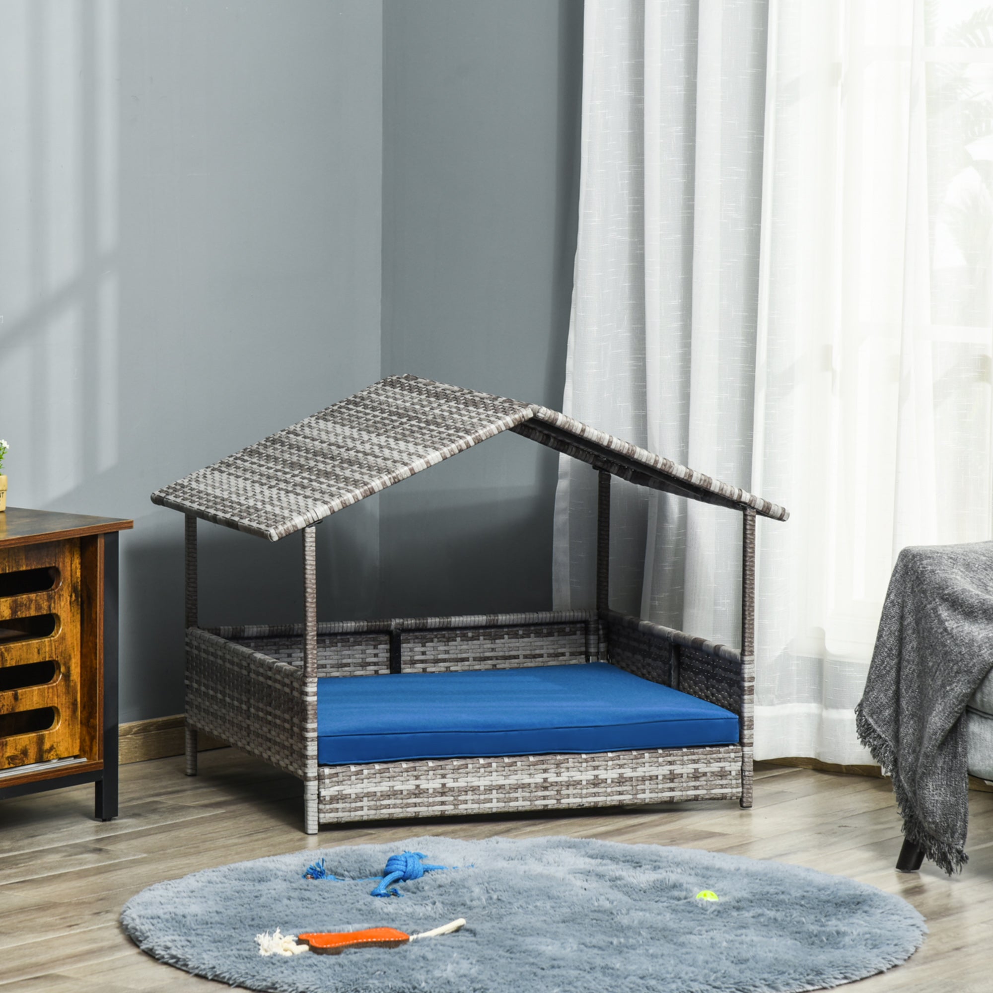 PawHut Elevated Rattan Dog House Outdoor with Canopy, Wicker Dog Bed with Water-Resistant Cushion, for Small and Medium Dogs Dark Blue