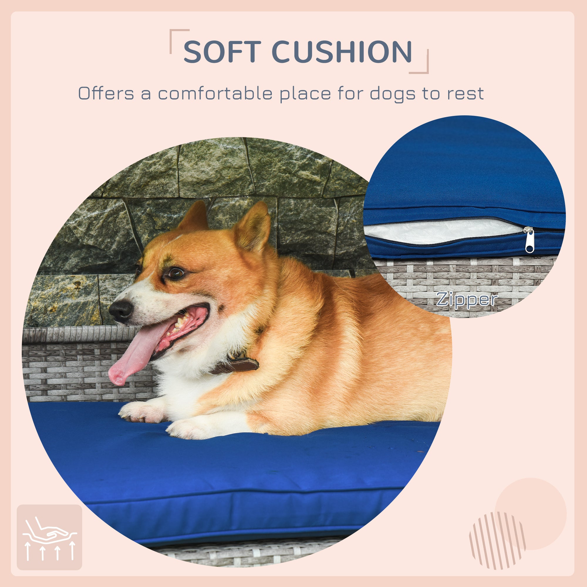 PawHut Elevated Rattan Dog House Outdoor with Canopy, Wicker Dog Bed with Water-Resistant Cushion, for Small and Medium Dogs Dark Blue