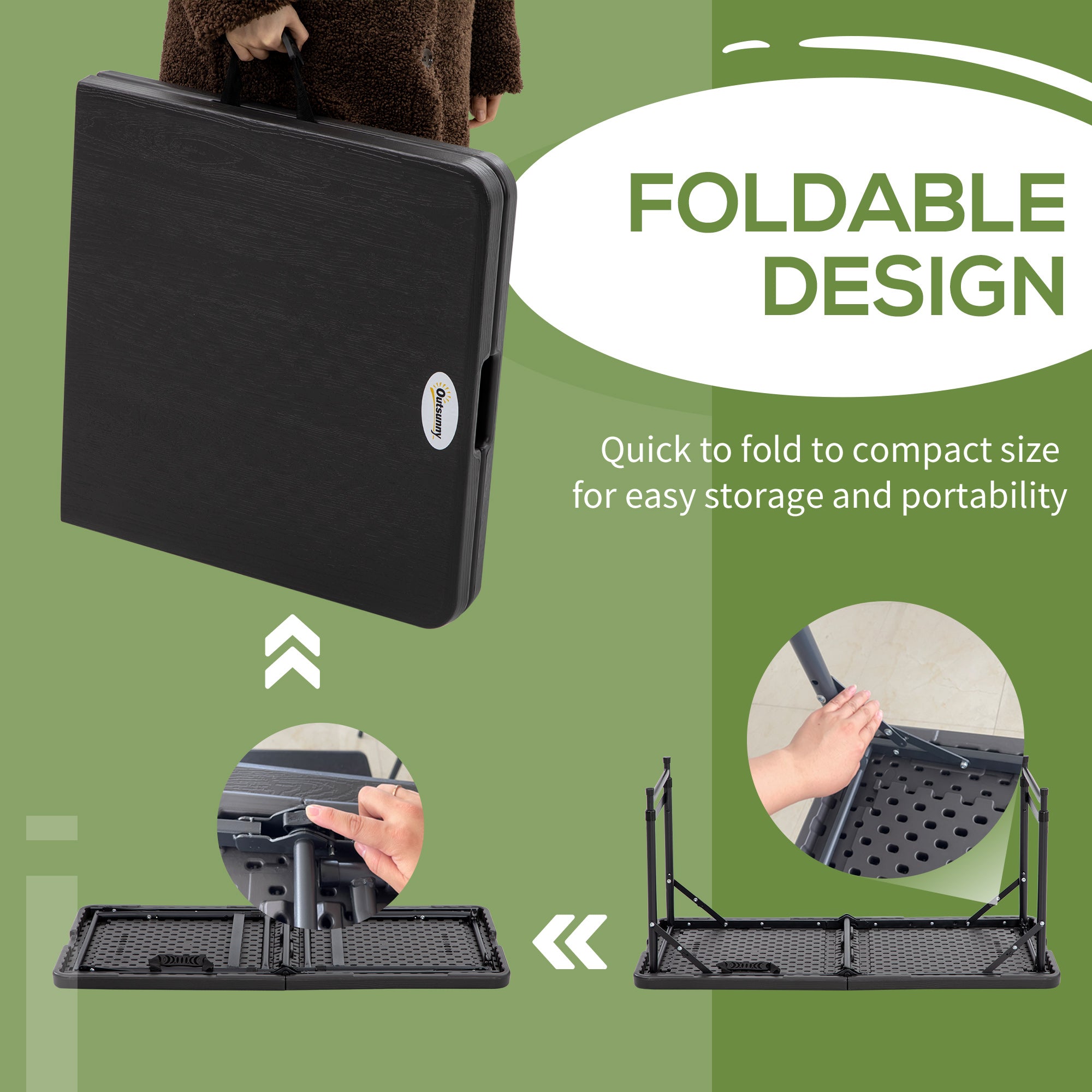 Outsunny 4 FT Folding Outdoor Dining Table for 4, Height Adjustable Rectangular Patio Table with HDPE Tabletop and Steel Frame, Dark Grey