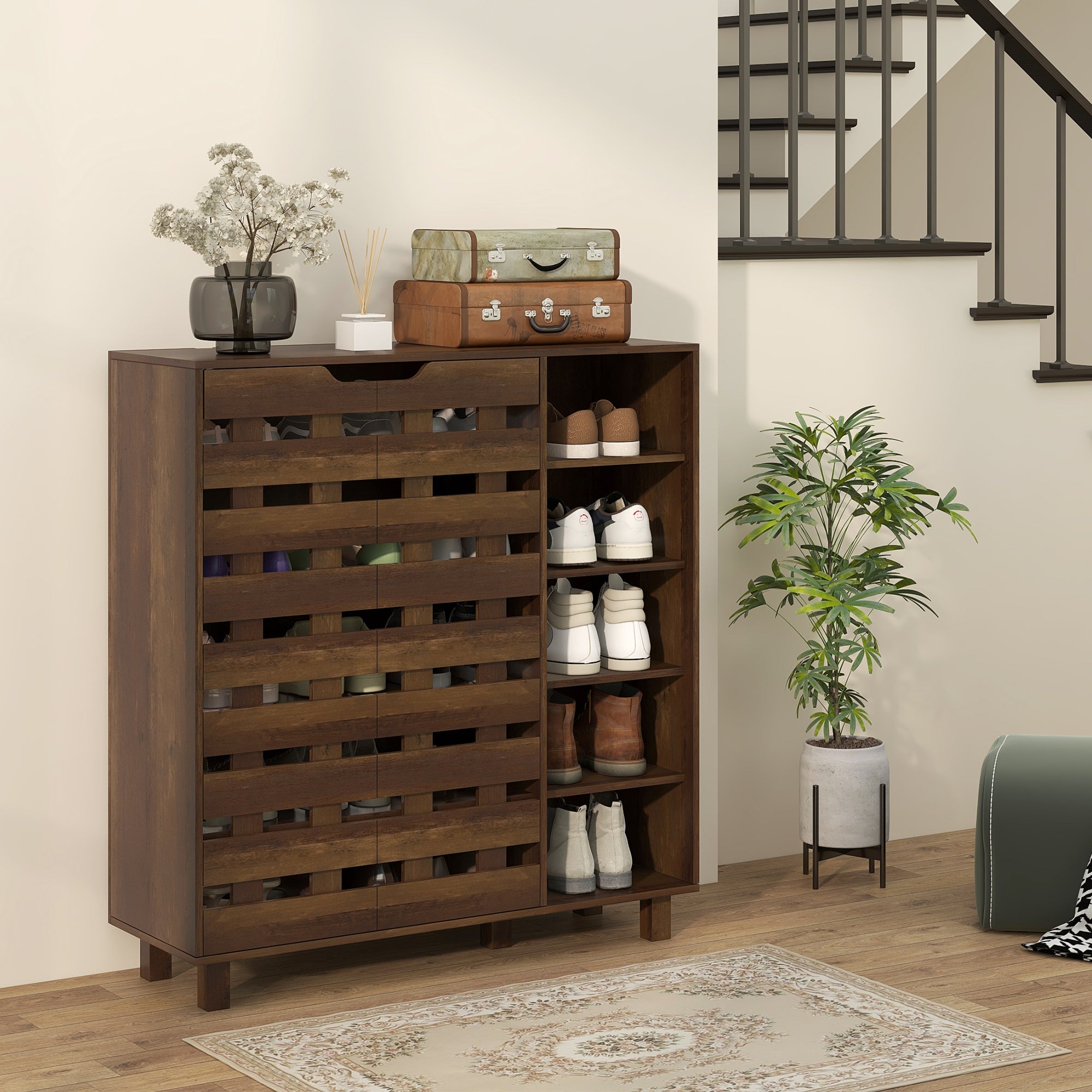 HOMCOM Modern Shoe Cabinet with Hollowed-Out Doors and 5-tier Open Shelves, 21 Pair Shoe Storage Cabinet for Entryway, Hallway, Brown