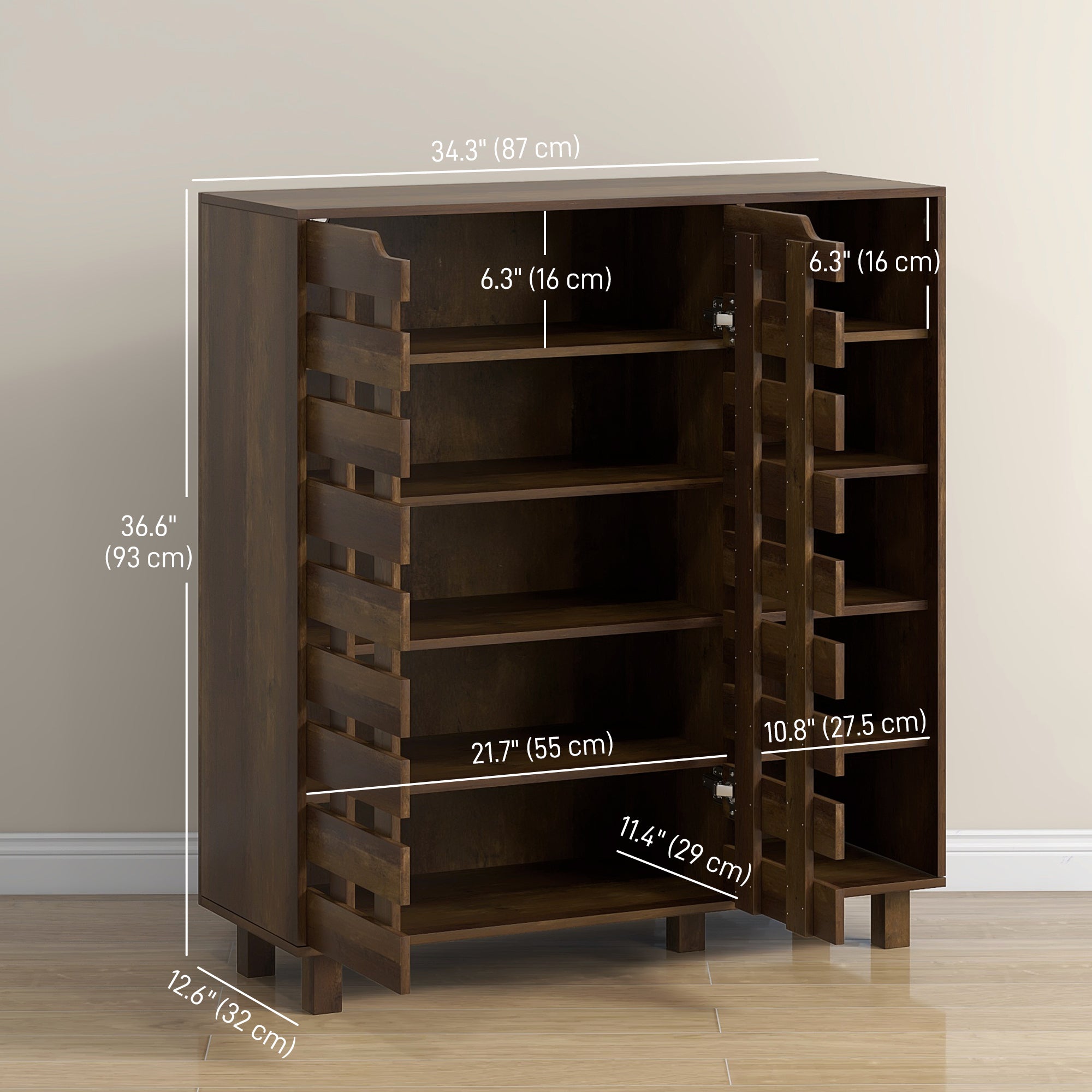 HOMCOM Modern Shoe Cabinet with Hollowed-Out Doors and 5-tier Open Shelves, 21 Pair Shoe Storage Cabinet for Entryway, Hallway, Brown