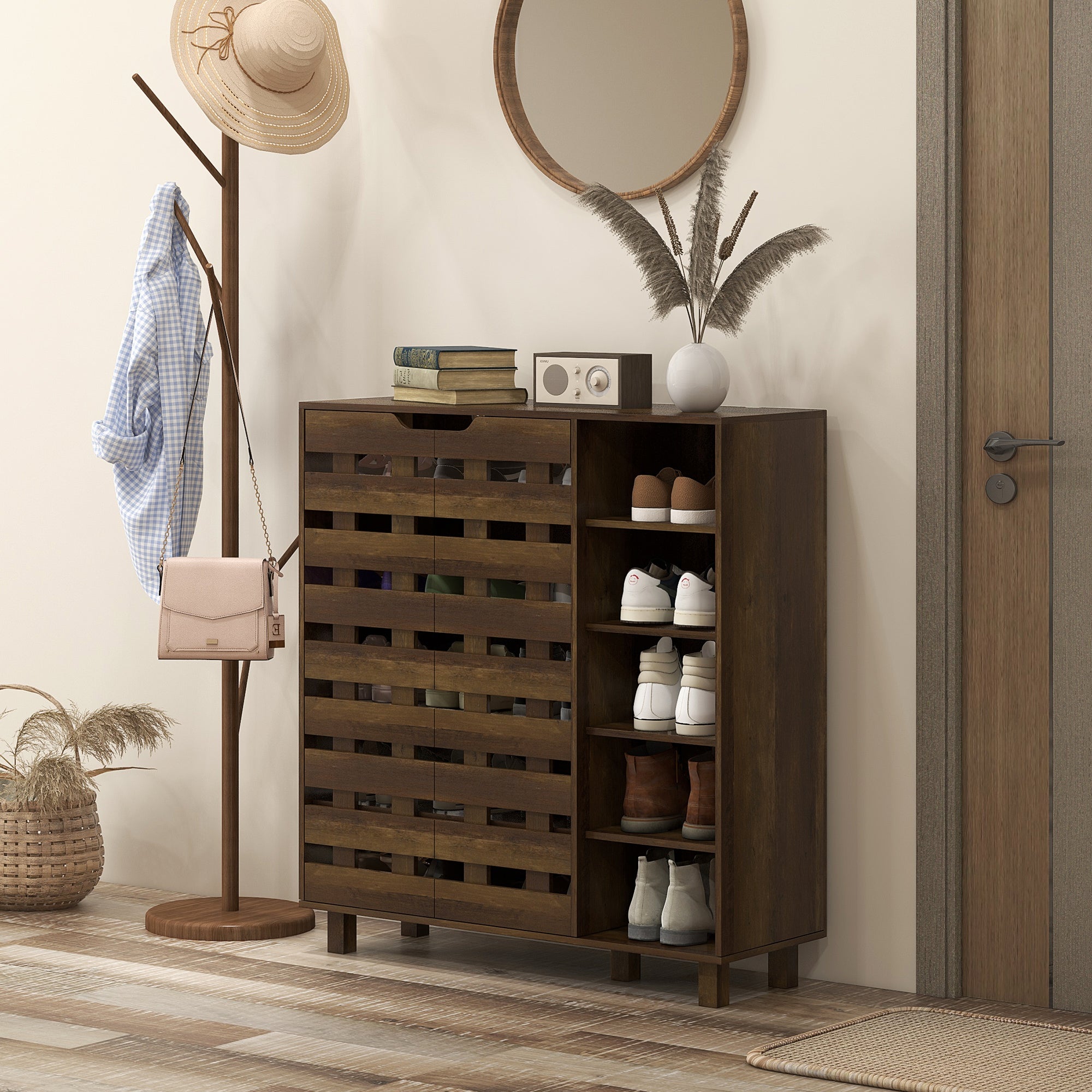 HOMCOM Modern Shoe Cabinet with Hollowed-Out Doors and 5-tier Open Shelves, 21 Pair Shoe Storage Cabinet for Entryway, Hallway, Brown