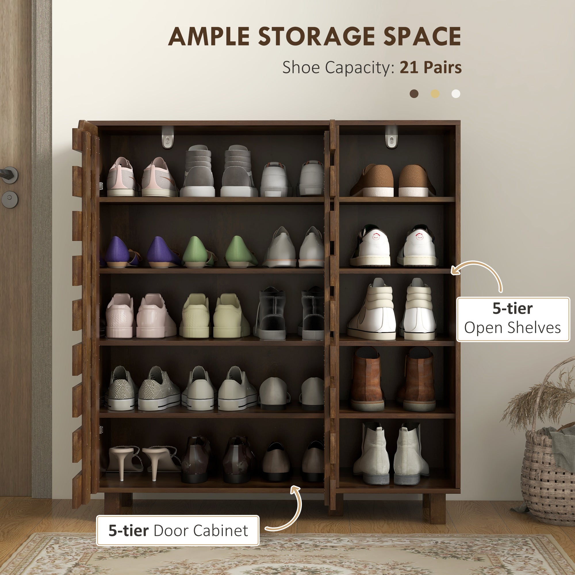 HOMCOM Modern Shoe Cabinet with Hollowed-Out Doors and 5-tier Open Shelves, 21 Pair Shoe Storage Cabinet for Entryway, Hallway, Brown