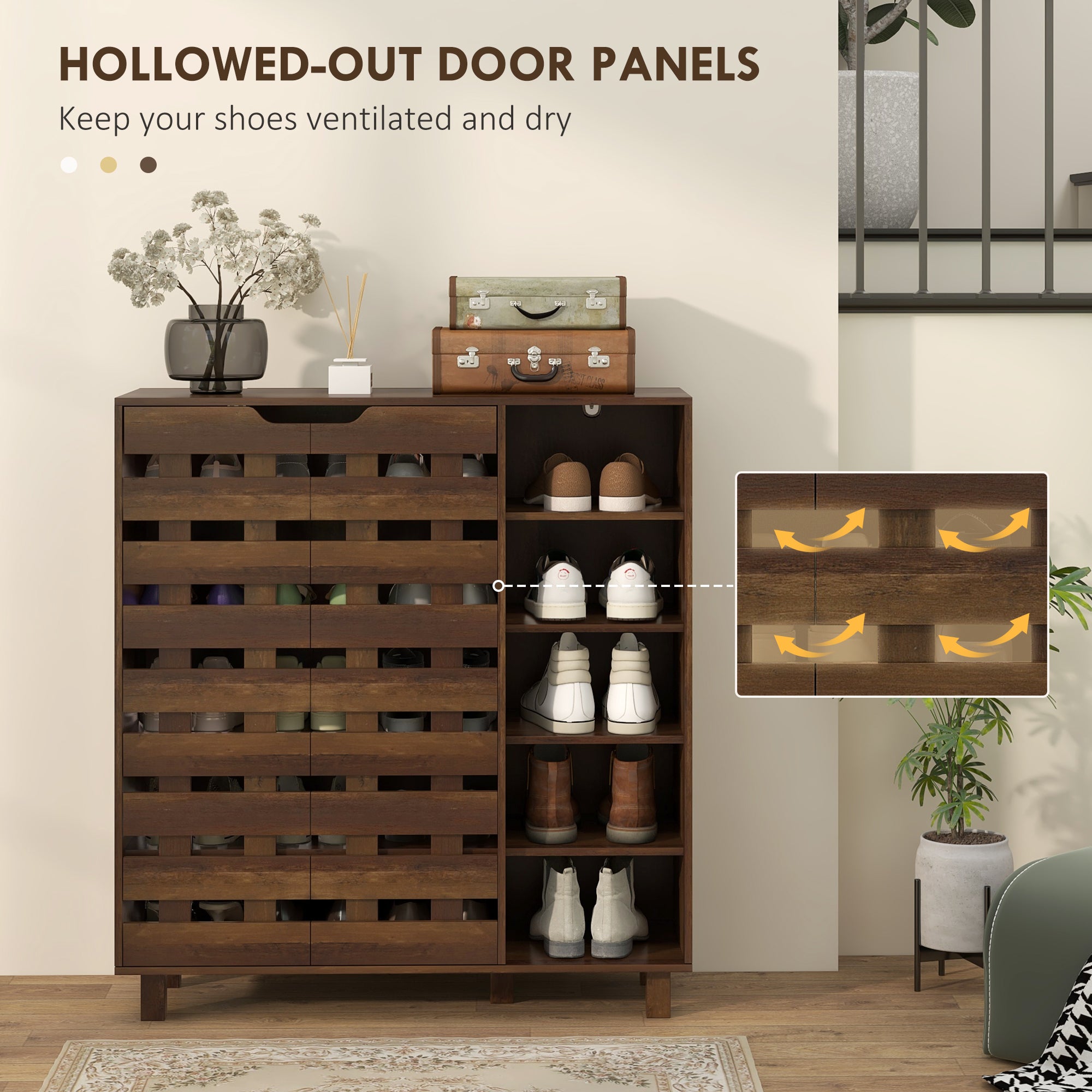 HOMCOM Modern Shoe Cabinet with Hollowed-Out Doors and 5-tier Open Shelves, 21 Pair Shoe Storage Cabinet for Entryway, Hallway, Brown