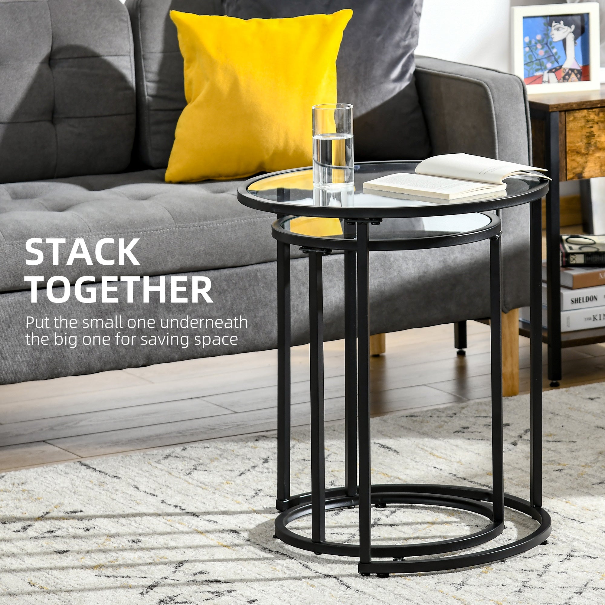 HOMCOM Set of 2 Nesting Coffee Tables with Metal Base, Round Side Table with Tempered Glass Tabletop for Living Room, Bedroom, Black