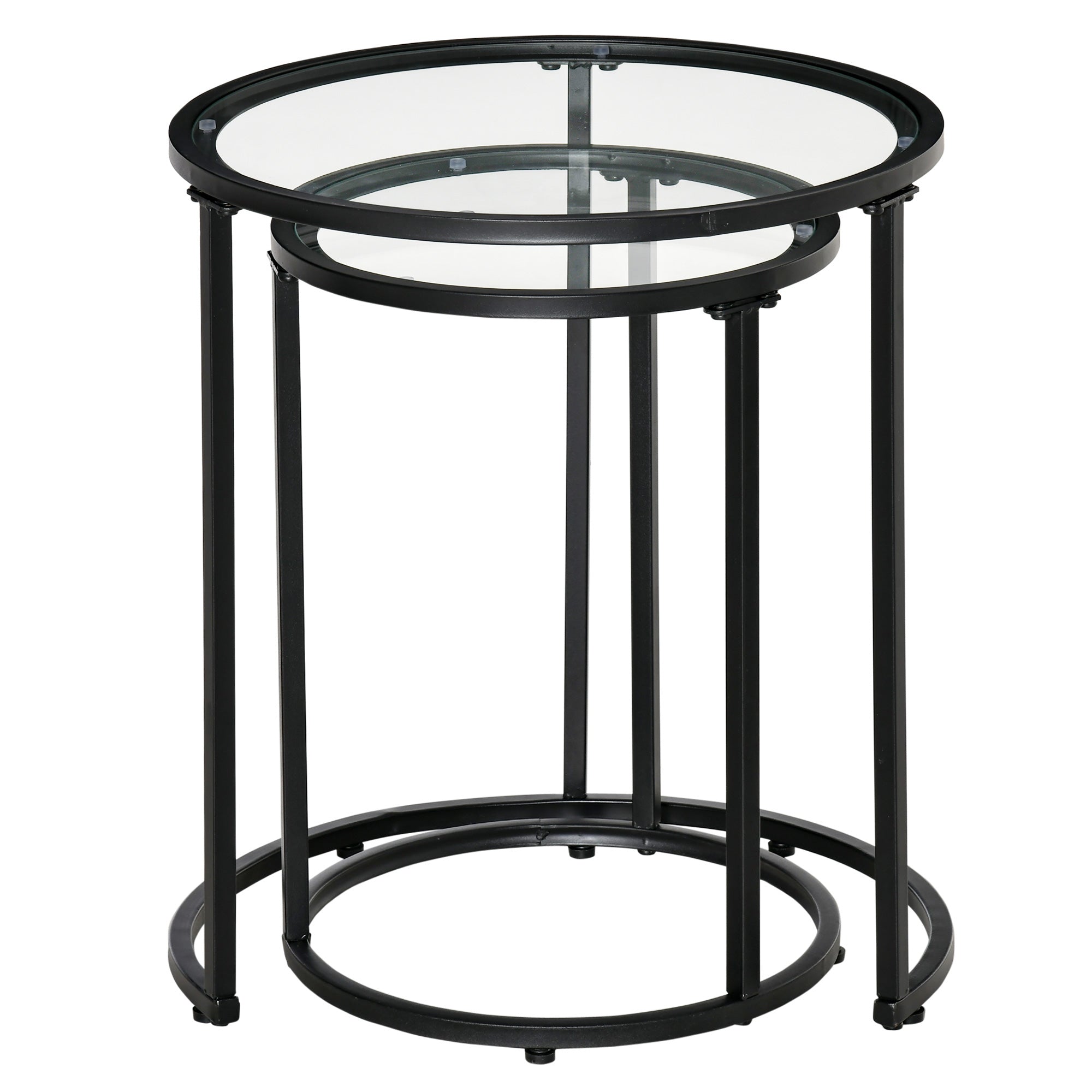 HOMCOM Set of 2 Nesting Coffee Tables with Metal Base, Round Side Table with Tempered Glass Tabletop for Living Room, Bedroom, Black