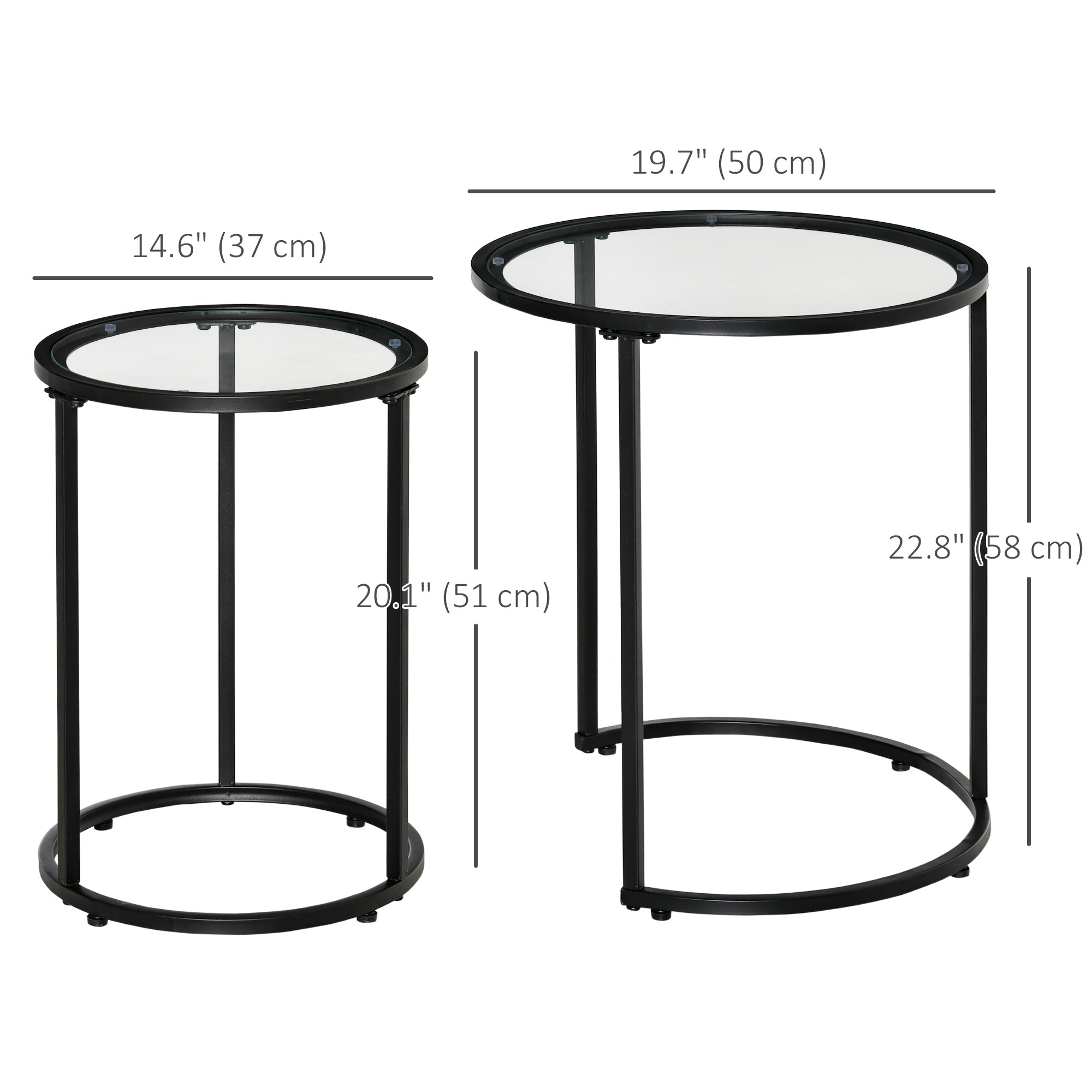 HOMCOM Set of 2 Nesting Coffee Tables with Metal Base, Round Side Table with Tempered Glass Tabletop for Living Room, Bedroom, Black