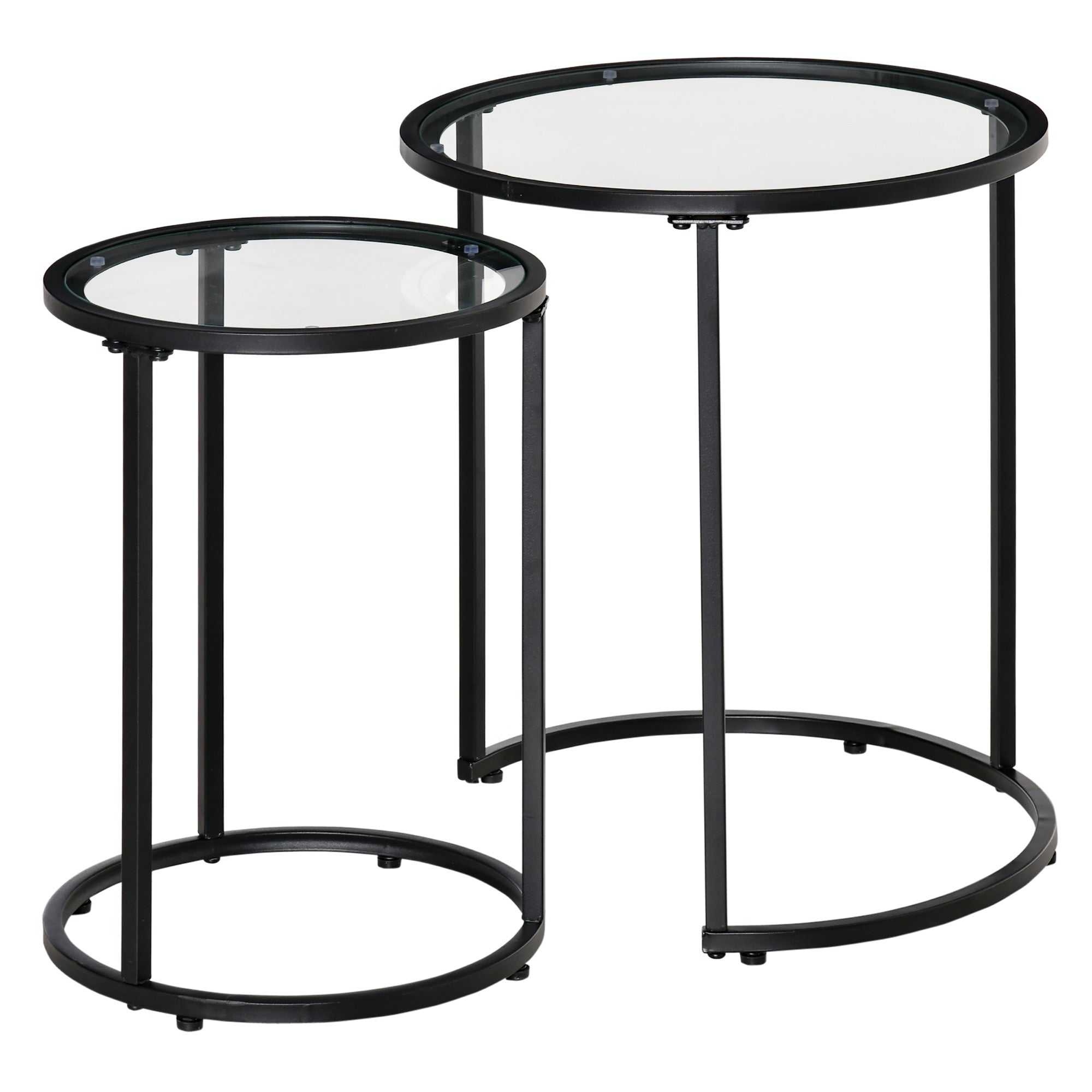 HOMCOM Set of 2 Nesting Coffee Tables with Metal Base, Round Side Table with Tempered Glass Tabletop for Living Room, Bedroom, Black